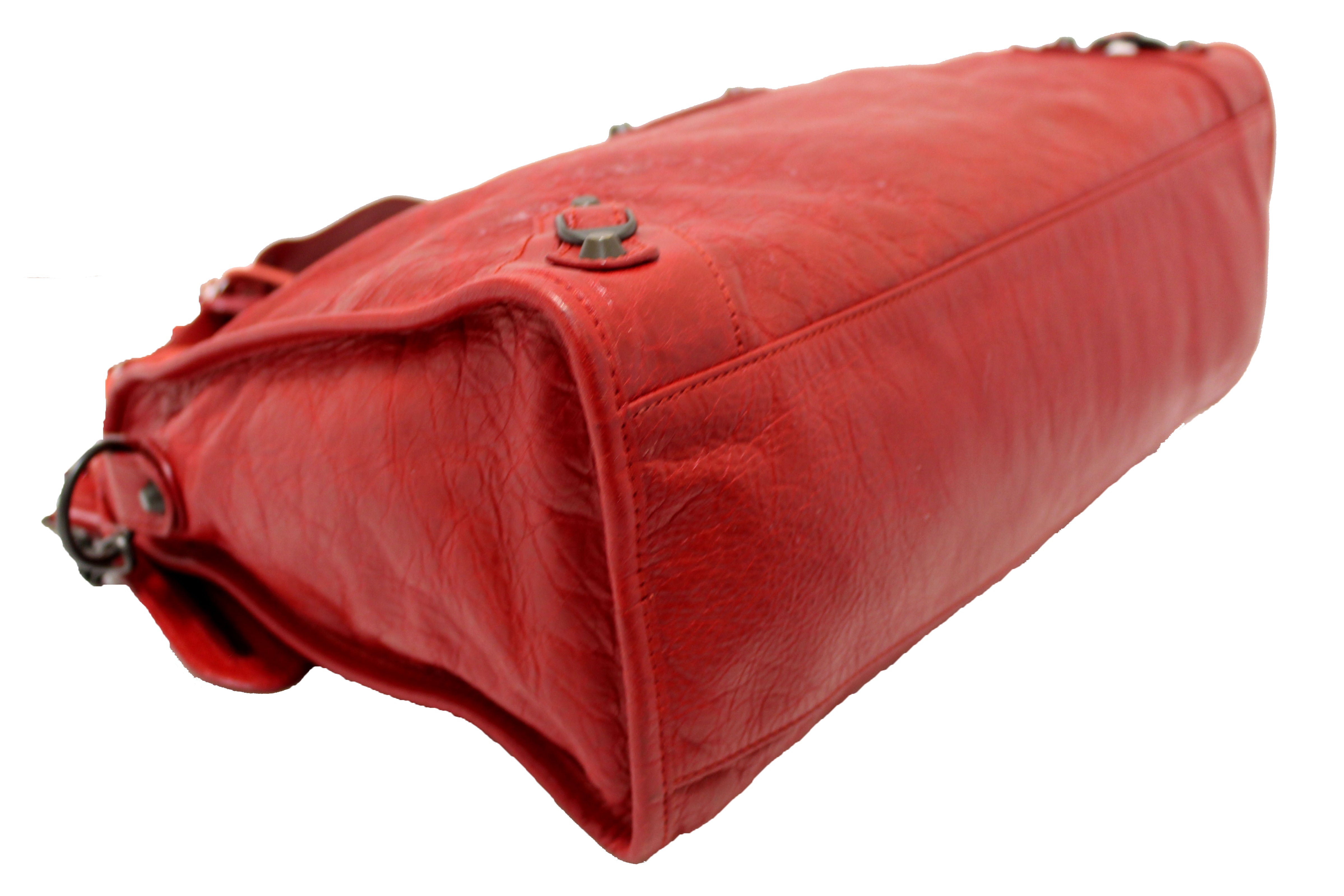 Authentic Balenciaga Red Classic City Lambskin Leather Shoulder Bag