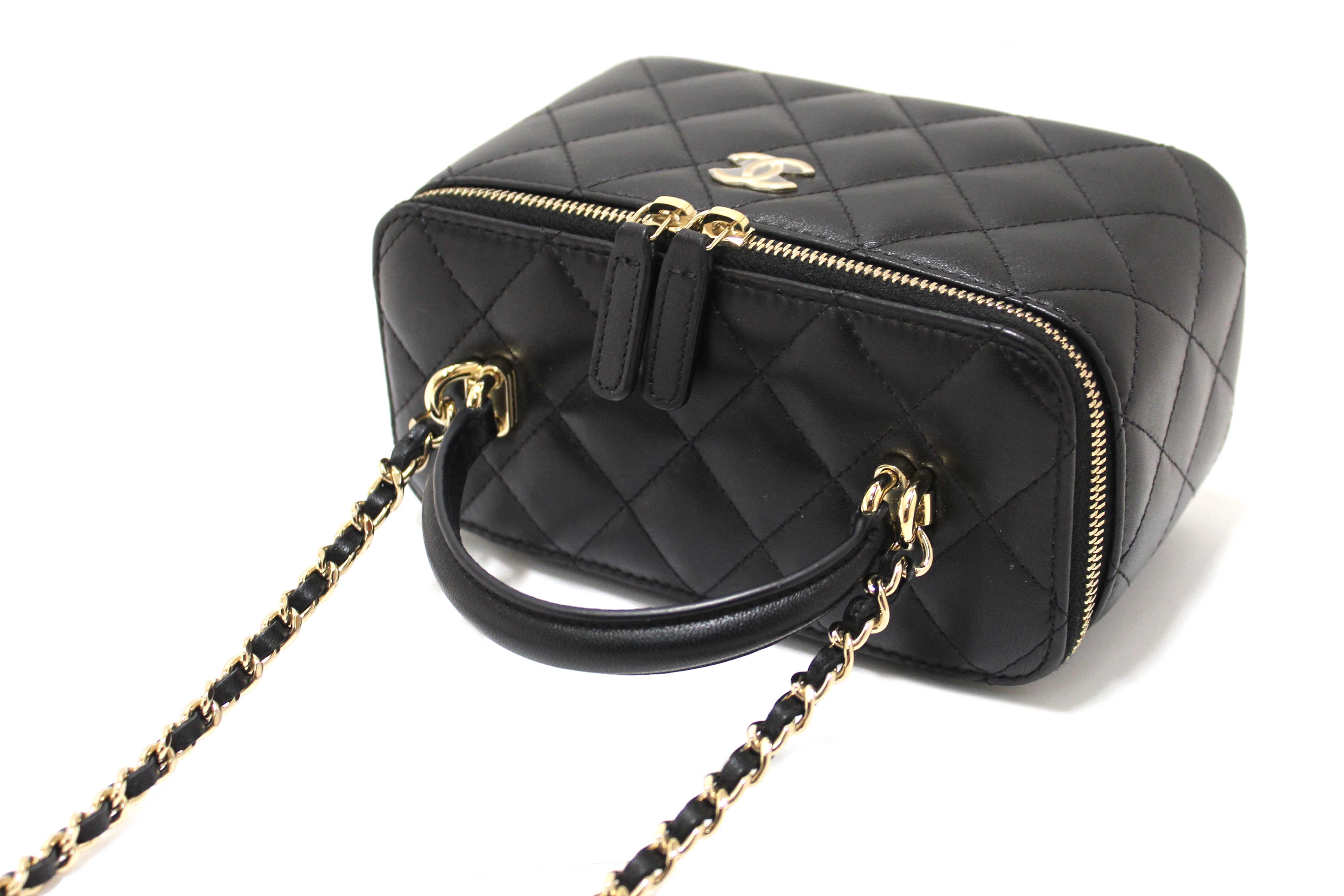 Authentic Chanel Black Quilted Lambskin Leather Top Handle Vanity Case with Chain