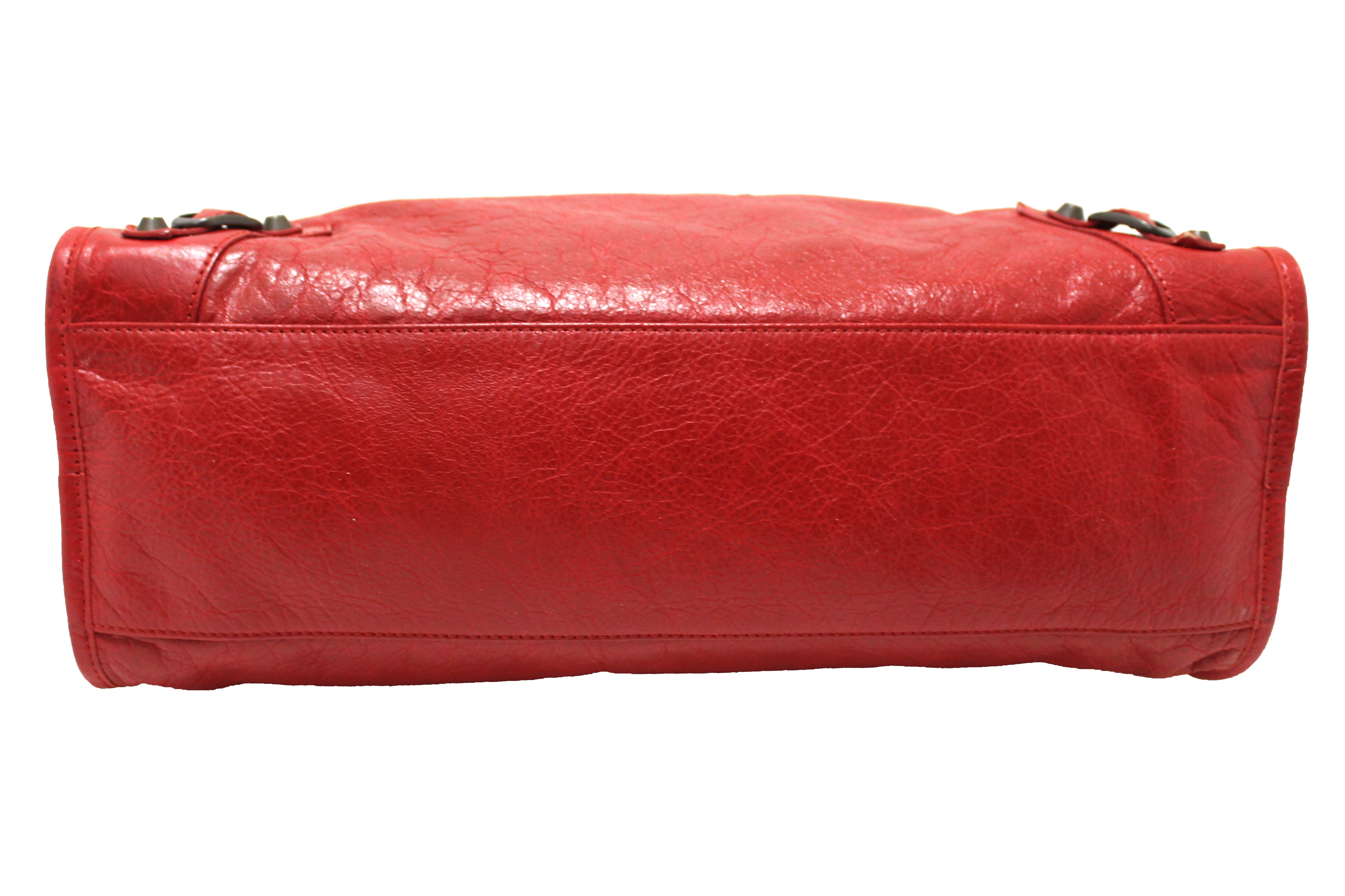 Authentic Balenciaga Red Classic City Lambskin Leather Shoulder Bag