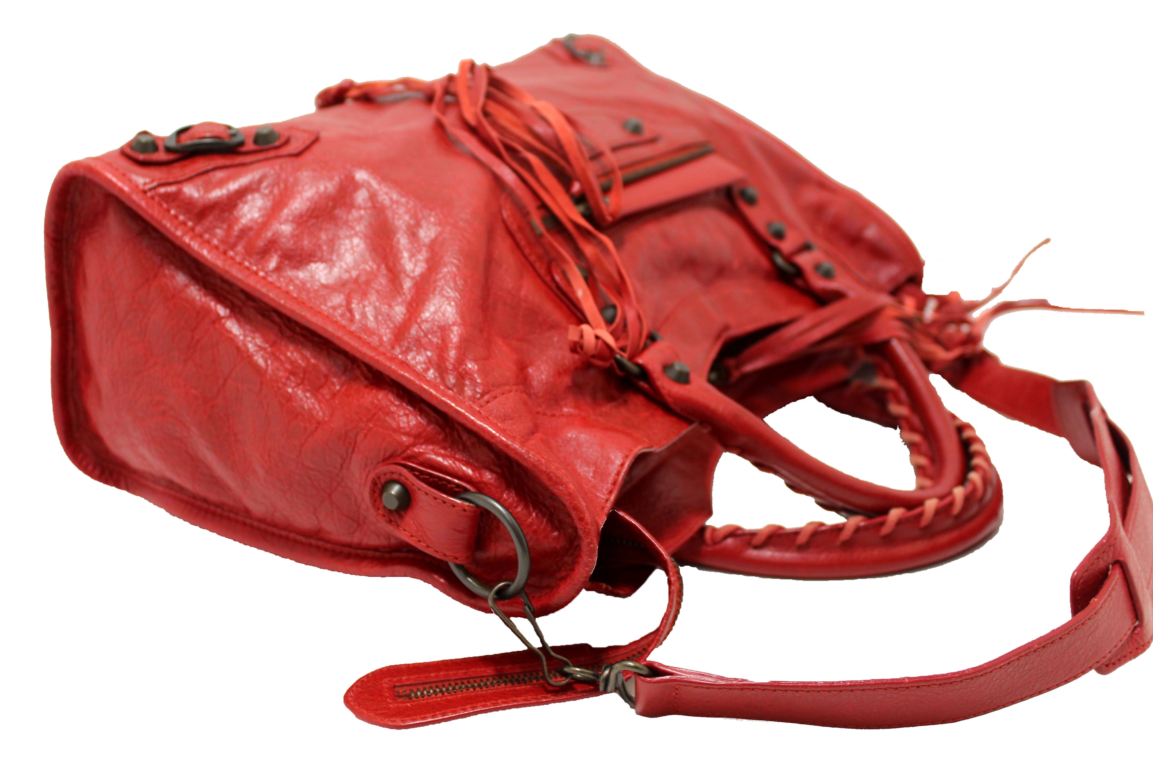 Authentic Balenciaga Red Classic City Lambskin Leather Shoulder Bag