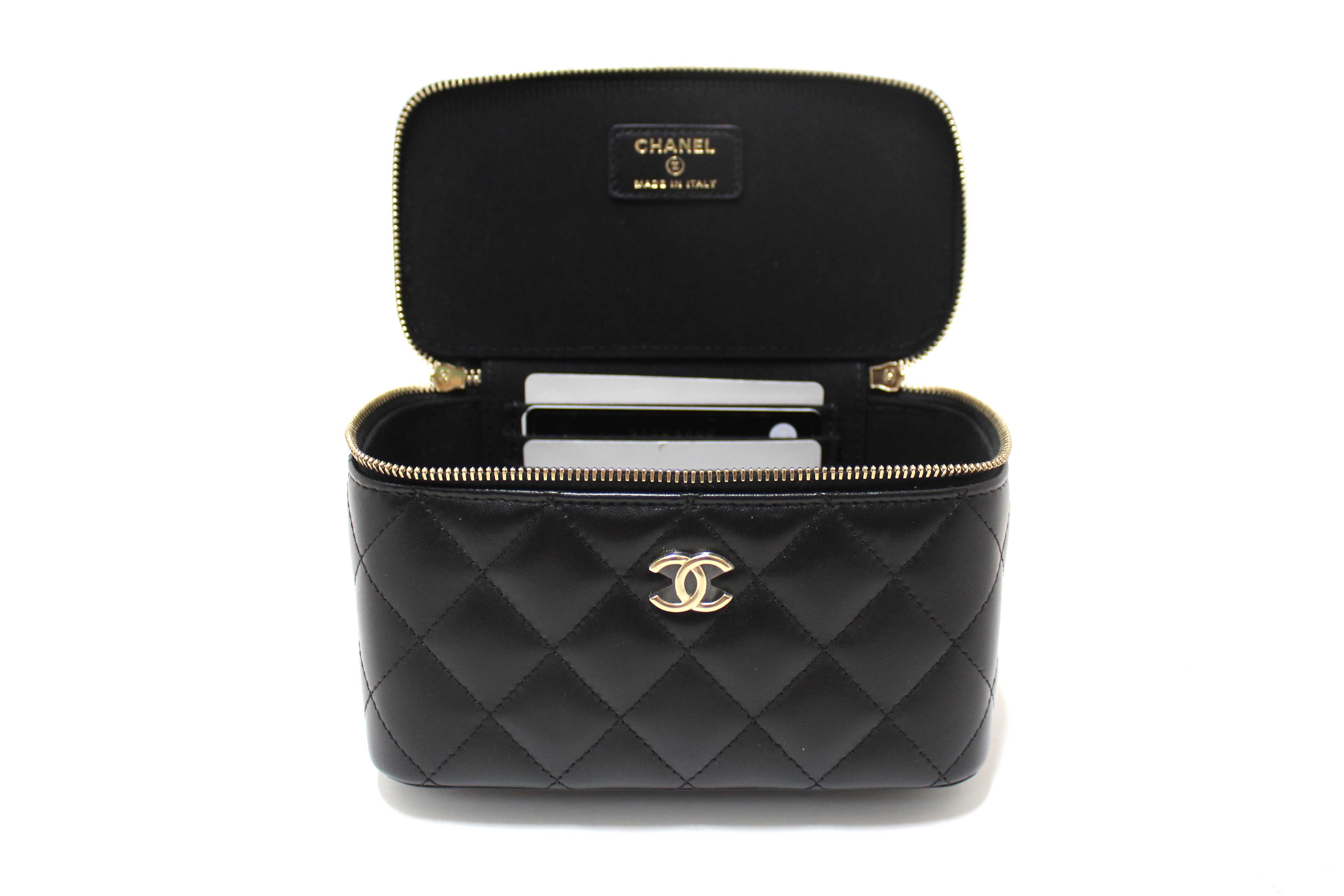 Authentic Chanel Black Quilted Lambskin Leather Top Handle Vanity Case with Chain