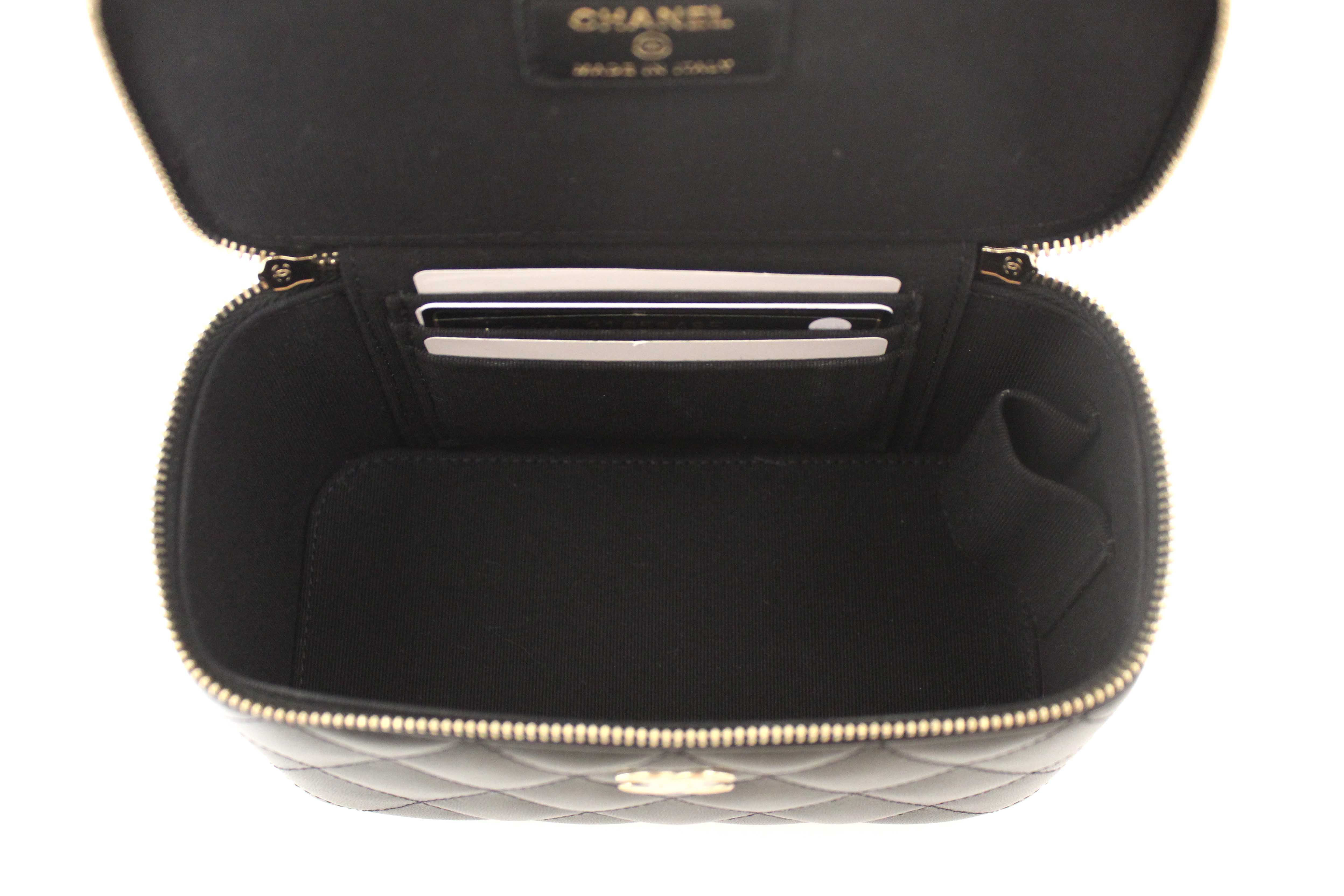 Authentic Chanel Black Quilted Lambskin Leather Top Handle Vanity Case with Chain