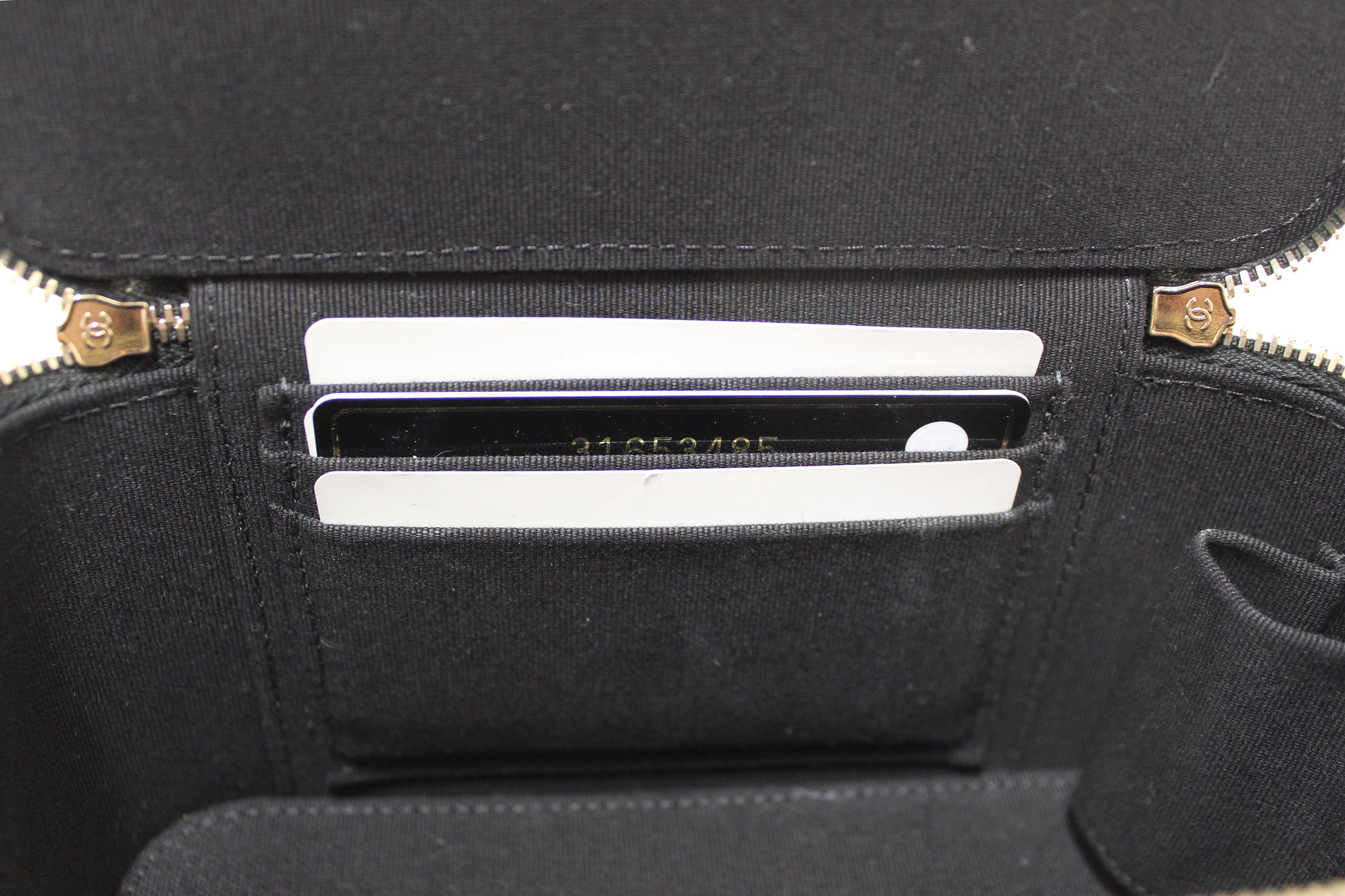 Authentic Chanel Black Quilted Lambskin Leather Top Handle Vanity Case with Chain