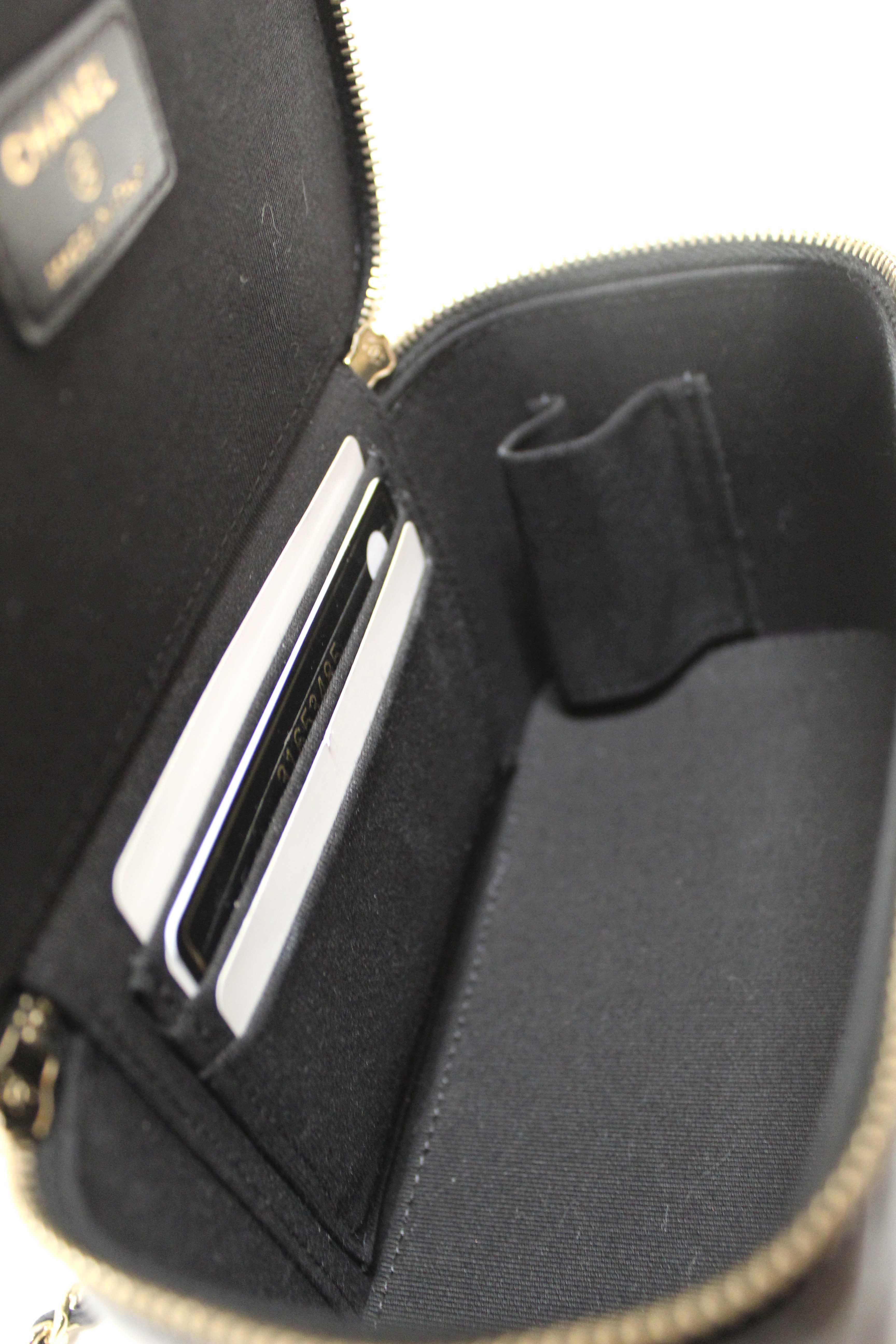 Authentic Chanel Black Quilted Lambskin Leather Top Handle Vanity Case with Chain