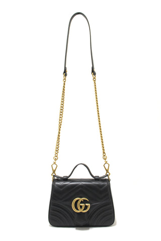 Authentic Gucci Black Leather GG Marmont Mini Top Handle Bag
