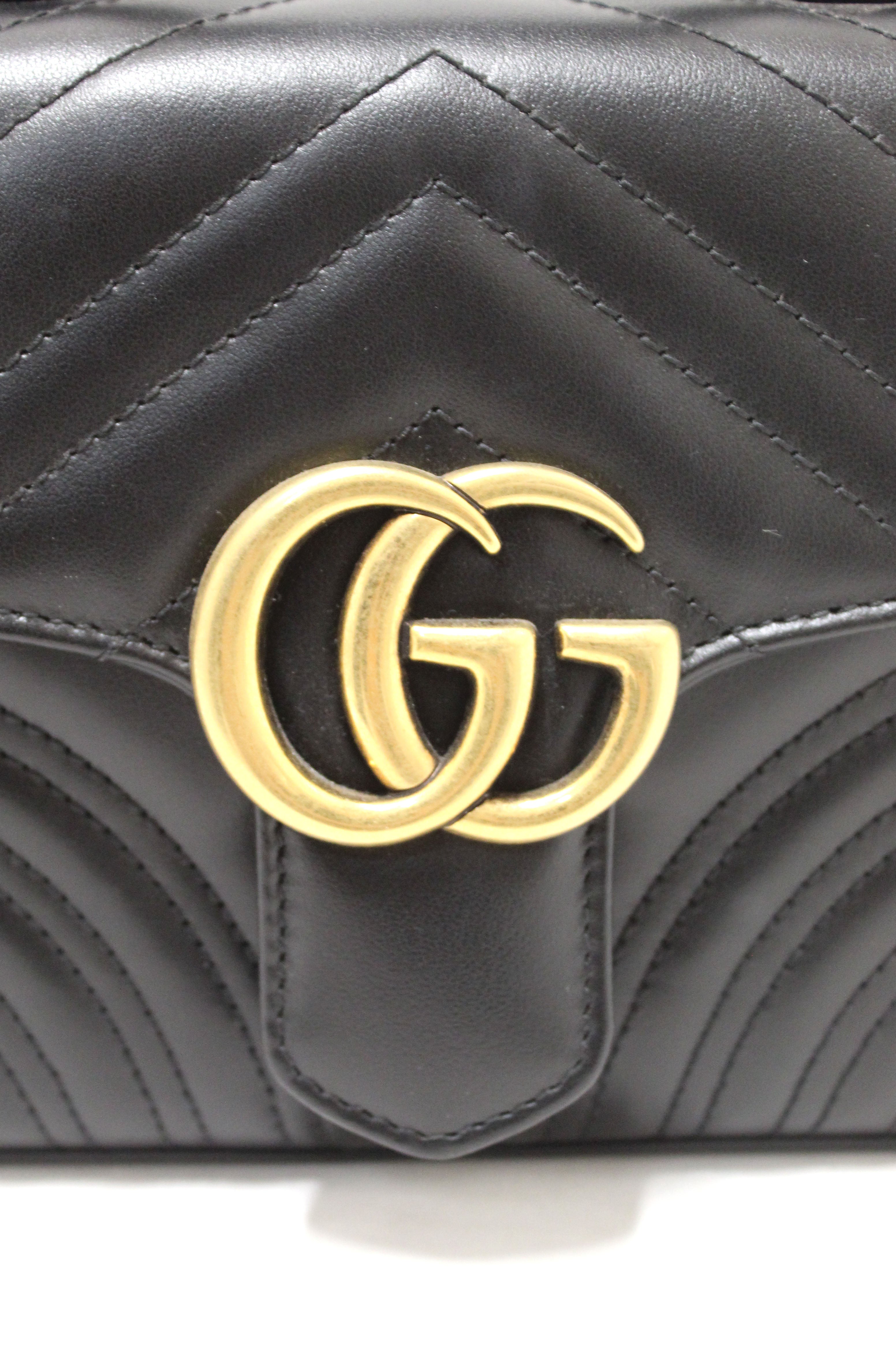 Authentic Gucci Black Leather GG Marmont Mini Top Handle Bag