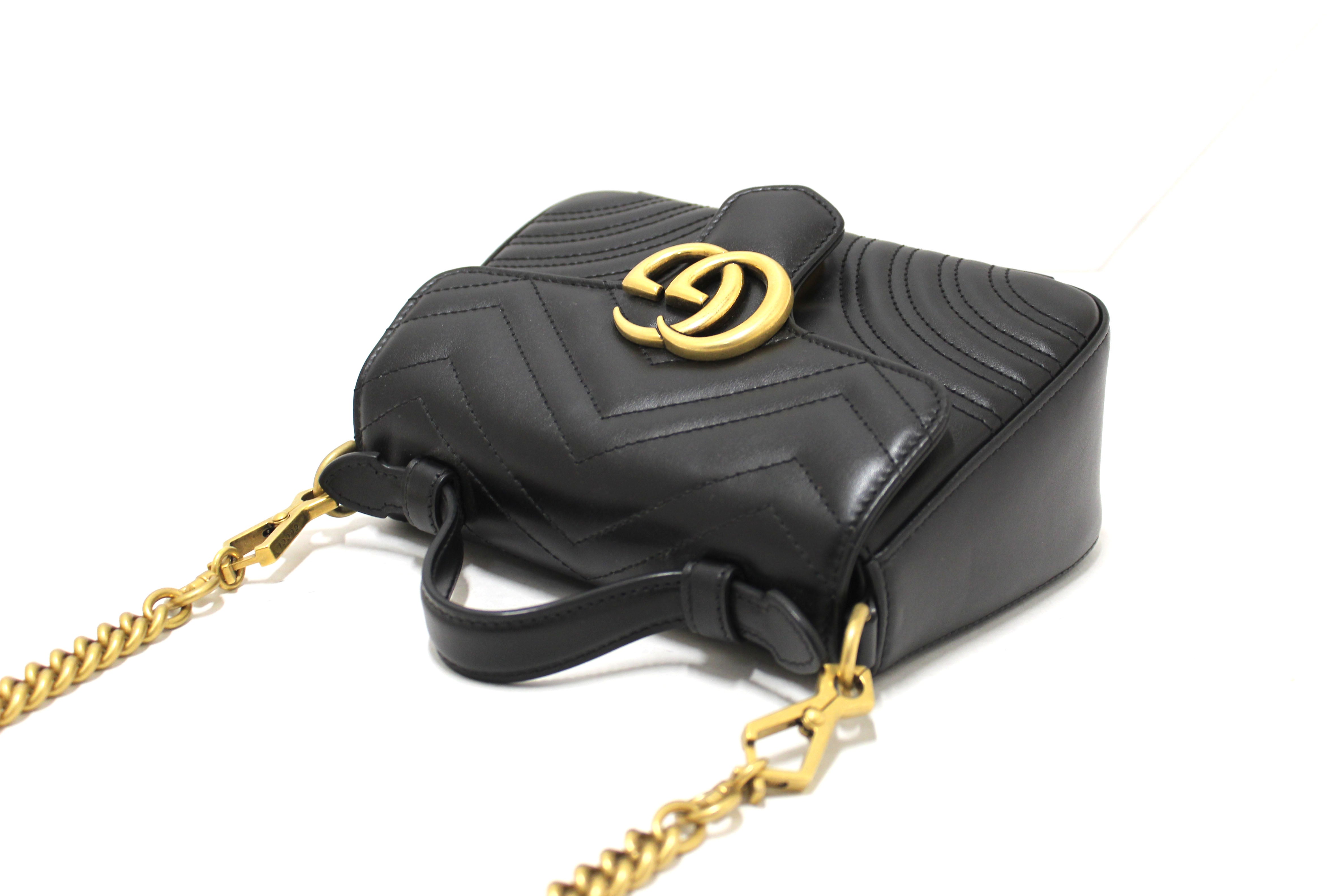 Authentic Gucci Black Leather GG Marmont Mini Top Handle Bag