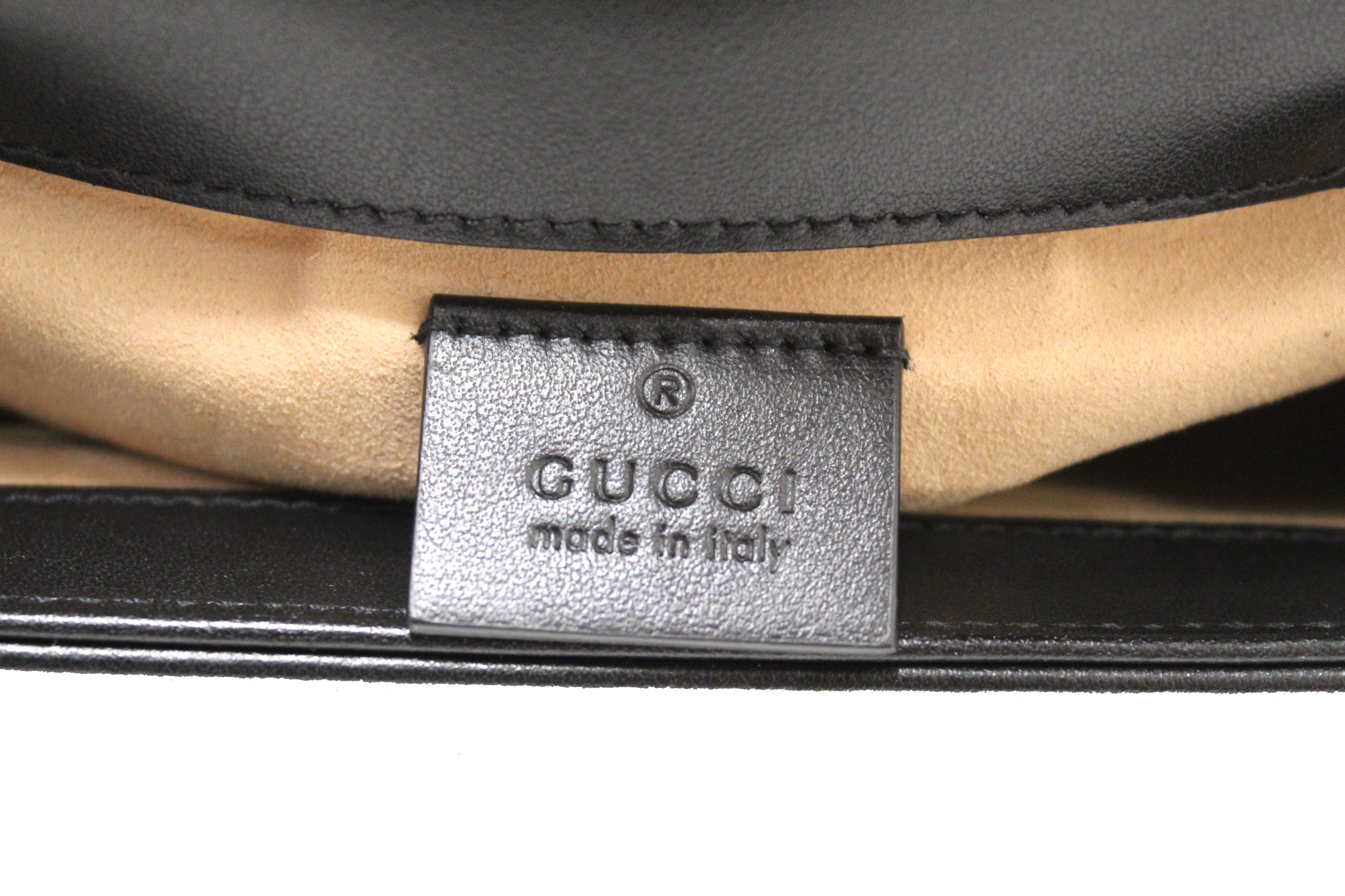 Authentic Gucci Black Leather GG Marmont Mini Top Handle Bag