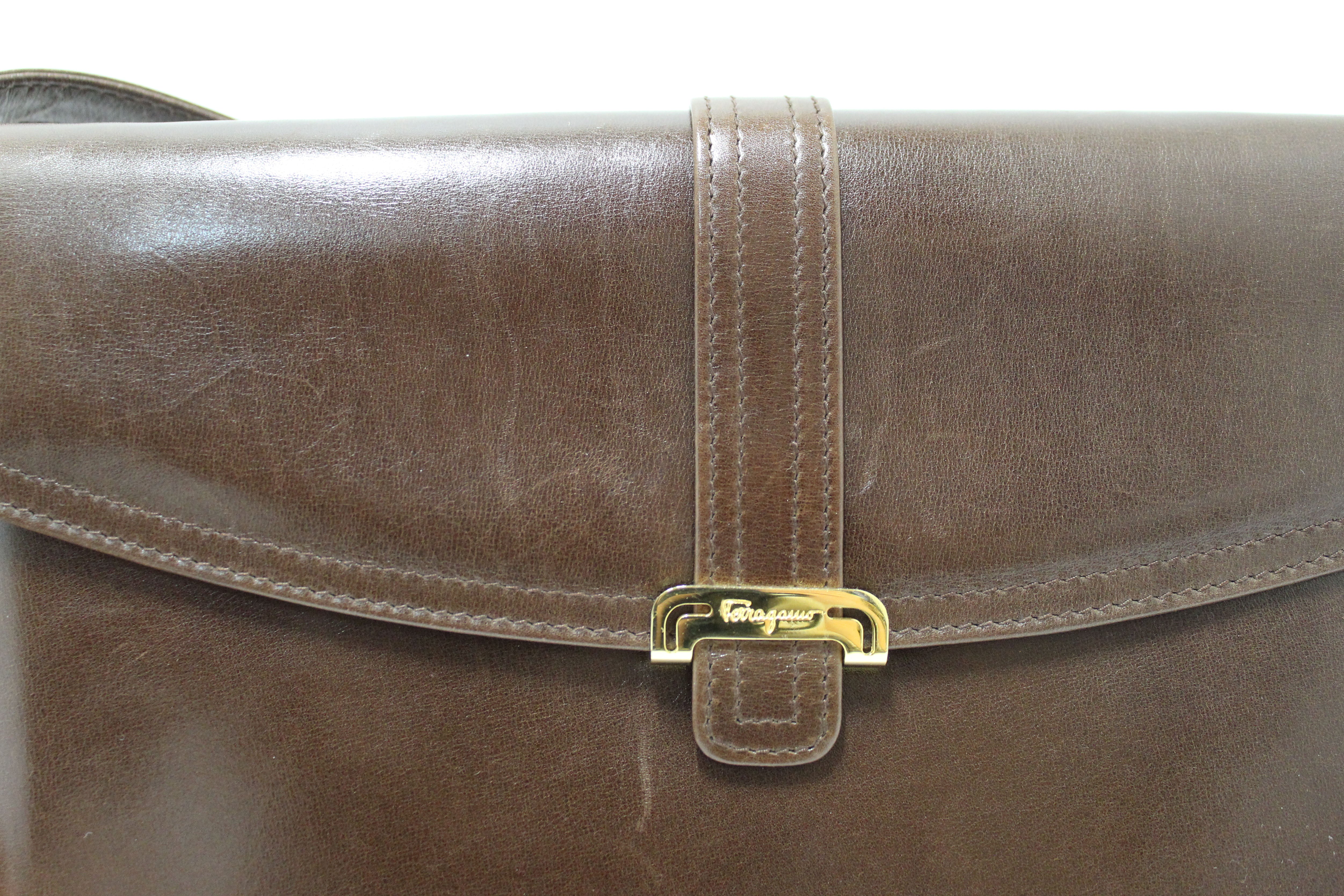 Authentic Salvatore Ferragamo Vintage Brown Leather Messenger Clutch/Shoulder Bag