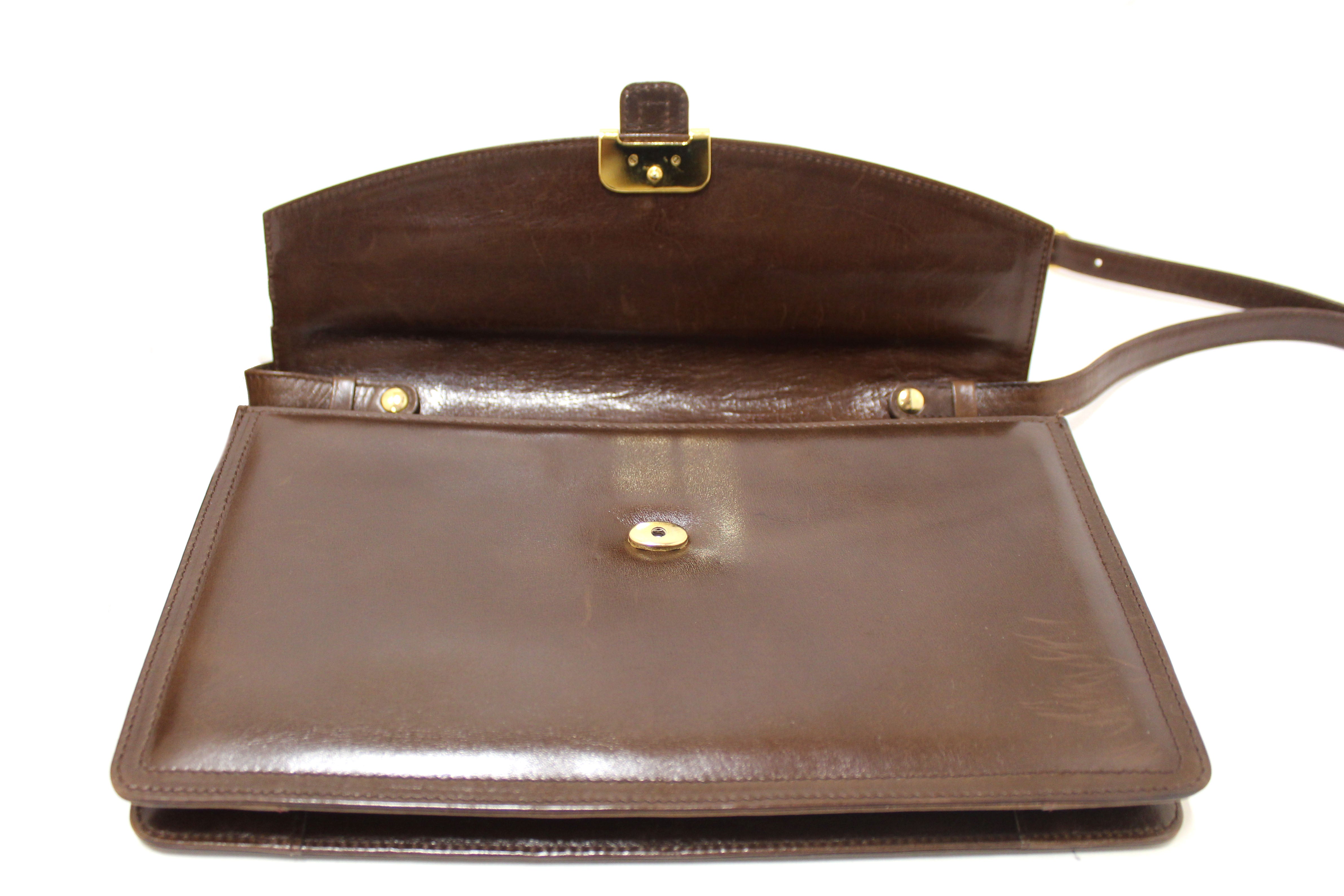 Authentic Salvatore Ferragamo Vintage Brown Leather Messenger Clutch/Shoulder Bag