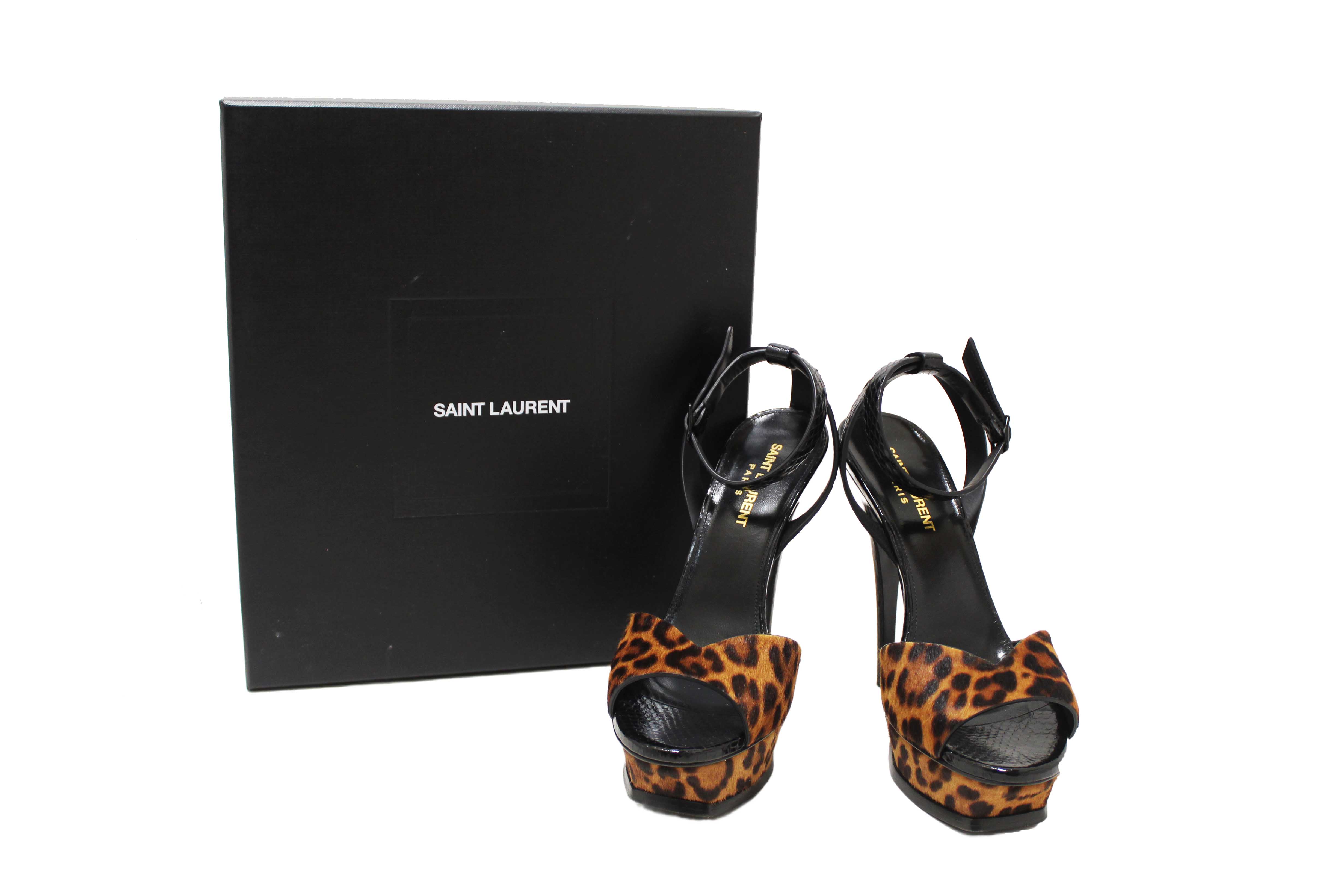 Authentic Saint Laurent Black Python And Leopard Pony Leather Tribute Platform Sandals Size 37.5