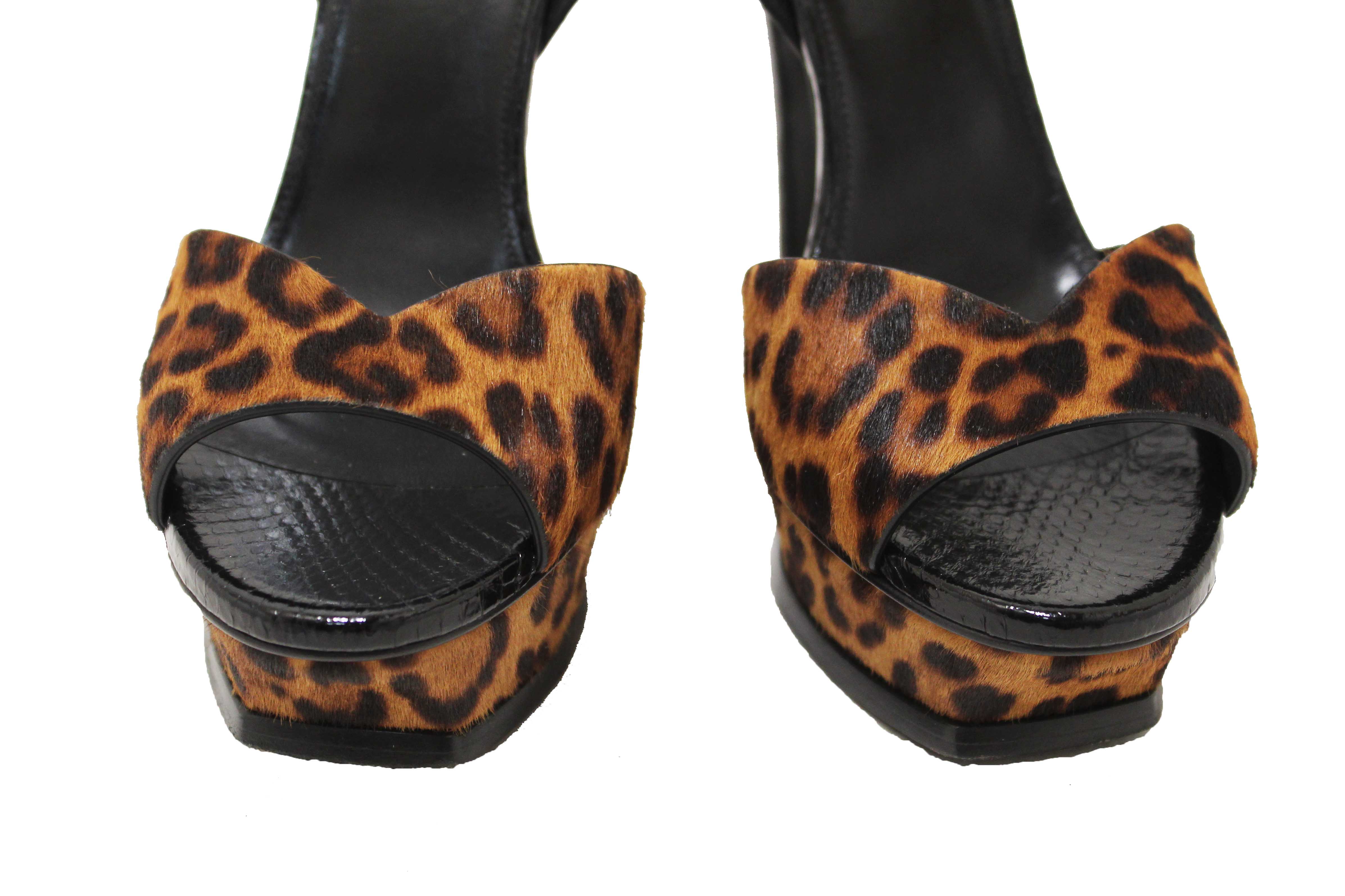 Authentic Saint Laurent Black Python And Leopard Pony Leather Tribute Platform Sandals Size 37.5