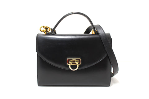 Authentic Salvatore Ferragamo Vintage Black Leather Top Handle Satchel Bag