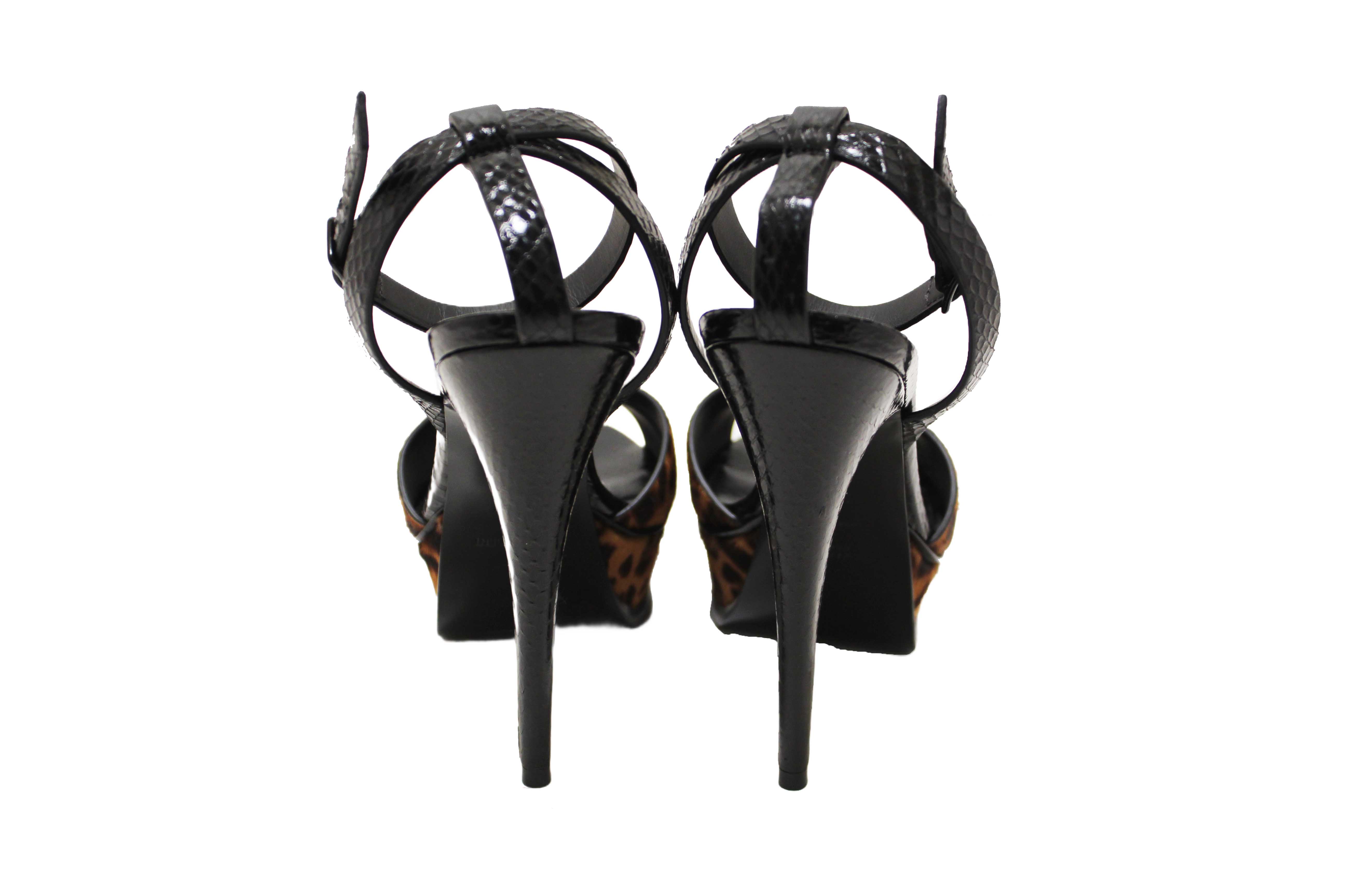 Authentic Saint Laurent Black Python And Leopard Pony Leather Tribute Platform Sandals Size 37.5