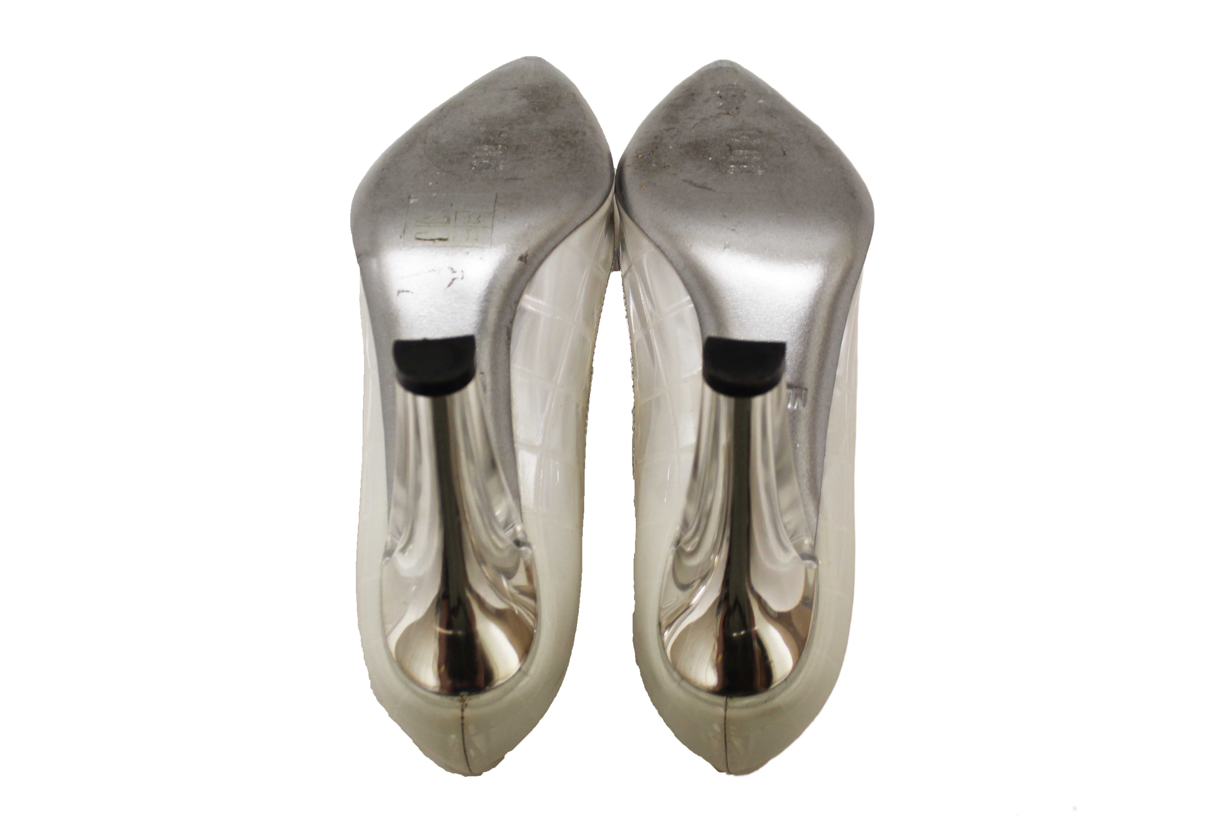 Authentic Moschino Patent White and Silver Leather Metallic Heels Size 37.5