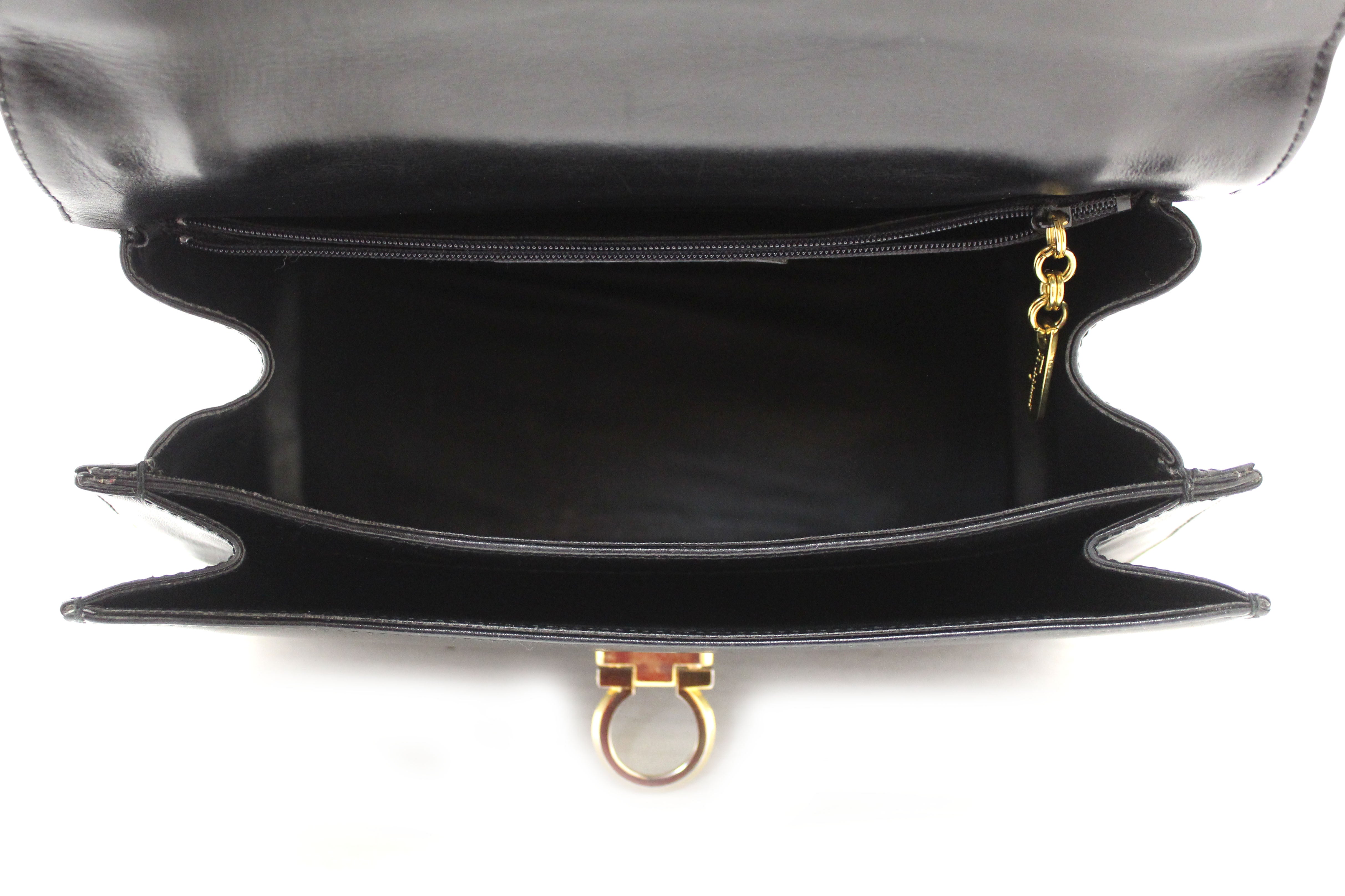 Authentic Salvatore Ferragamo Vintage Black Leather Top Handle Satchel Bag