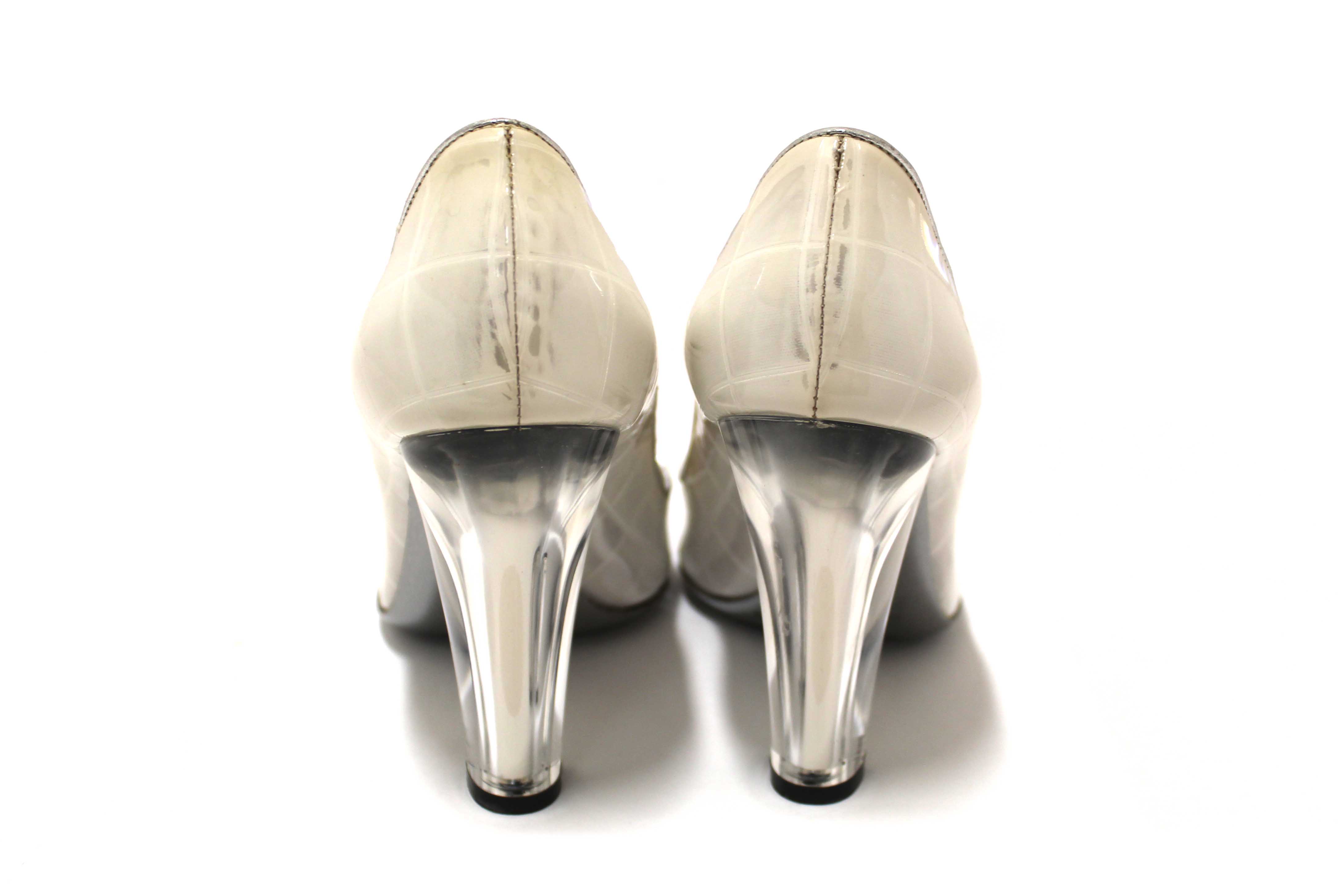 Authentic Moschino Patent White and Silver Leather Metallic Heels Size 37.5