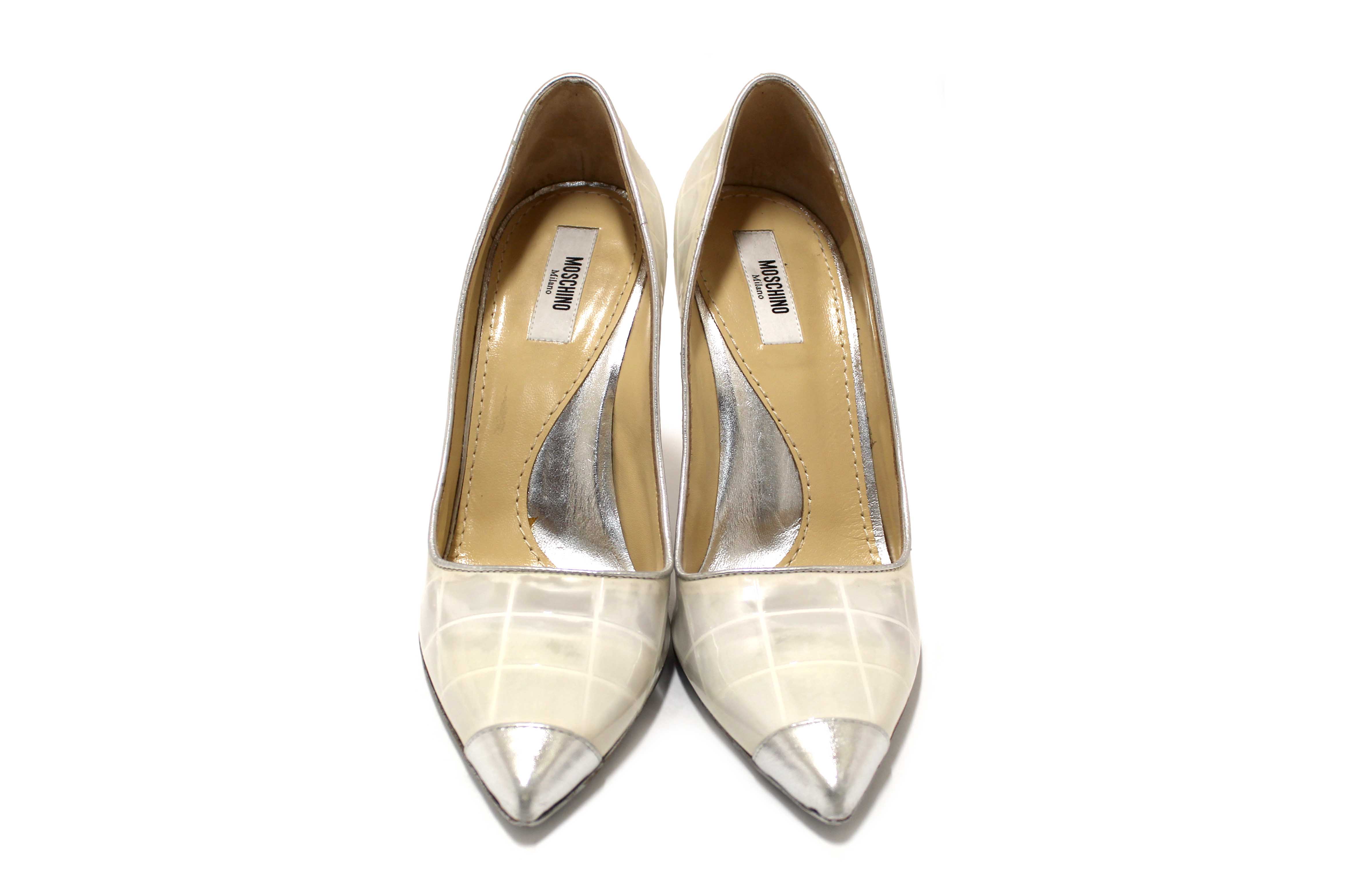 Authentic Moschino Patent White and Silver Leather Metallic Heels Size 37.5