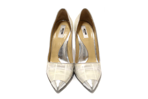 Authentic Moschino Patent White and Silver Leather Metallic Heels Size 37.5