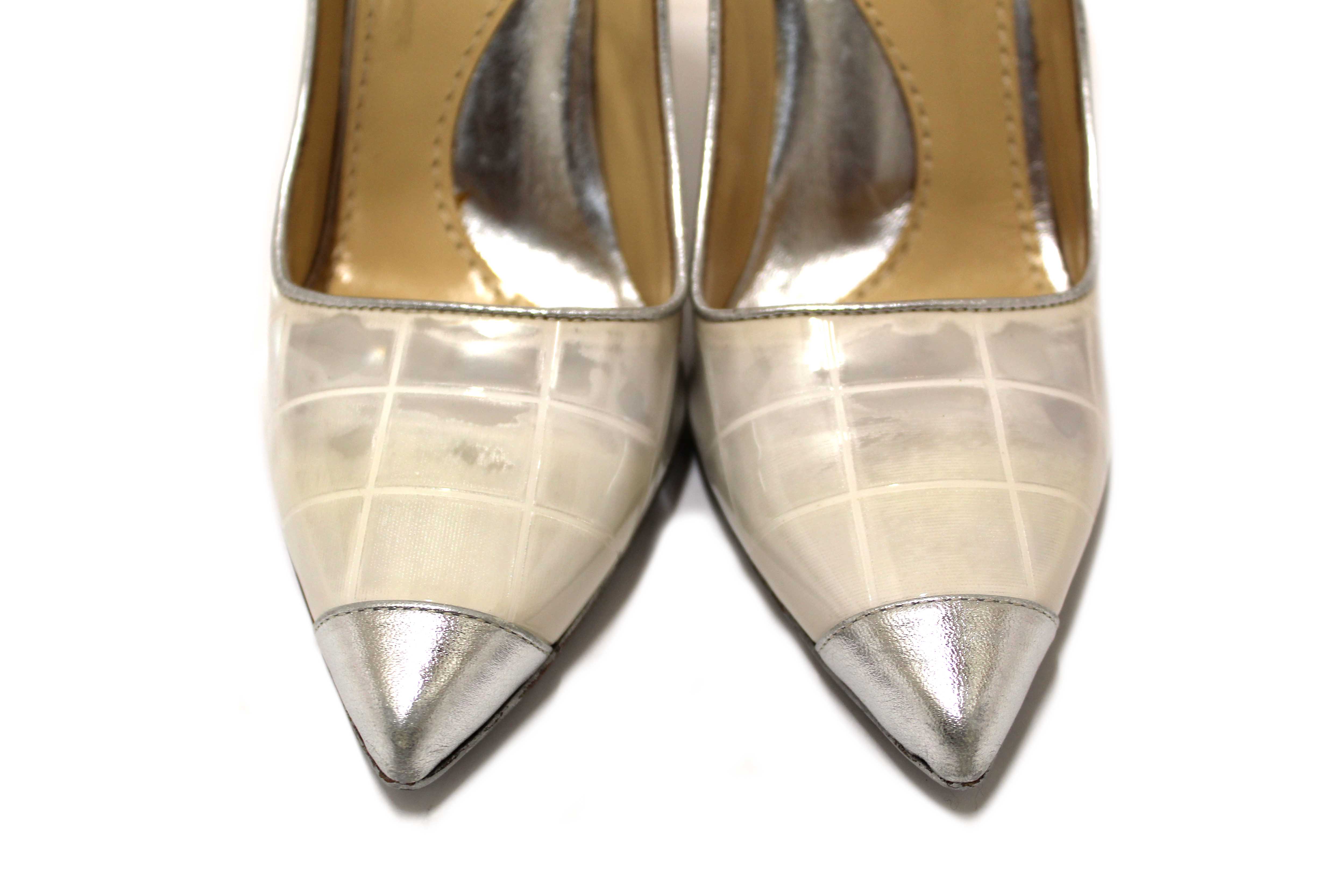 Authentic Moschino Patent White and Silver Leather Metallic Heels Size 37.5