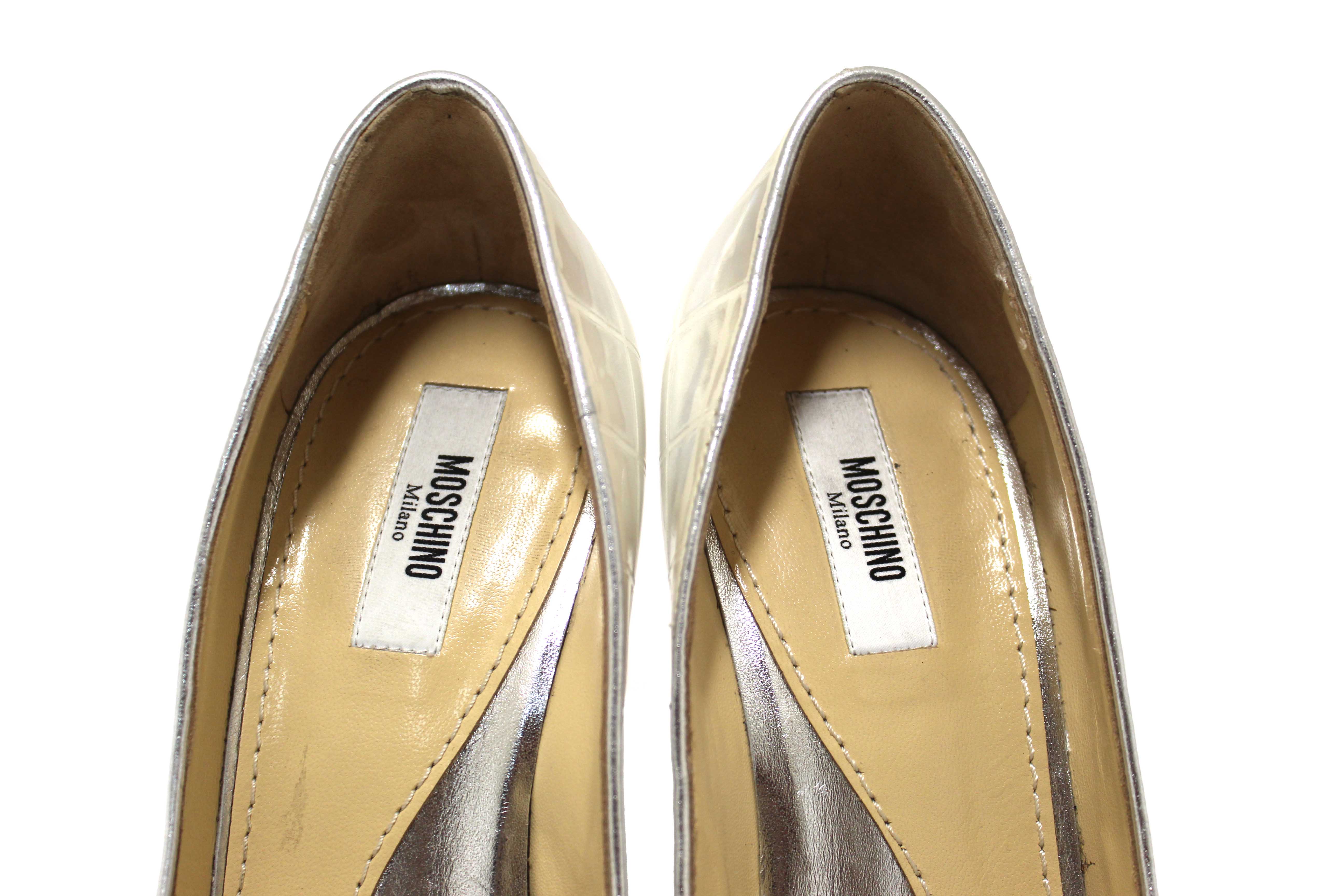 Authentic Moschino Patent White and Silver Leather Metallic Heels Size 37.5