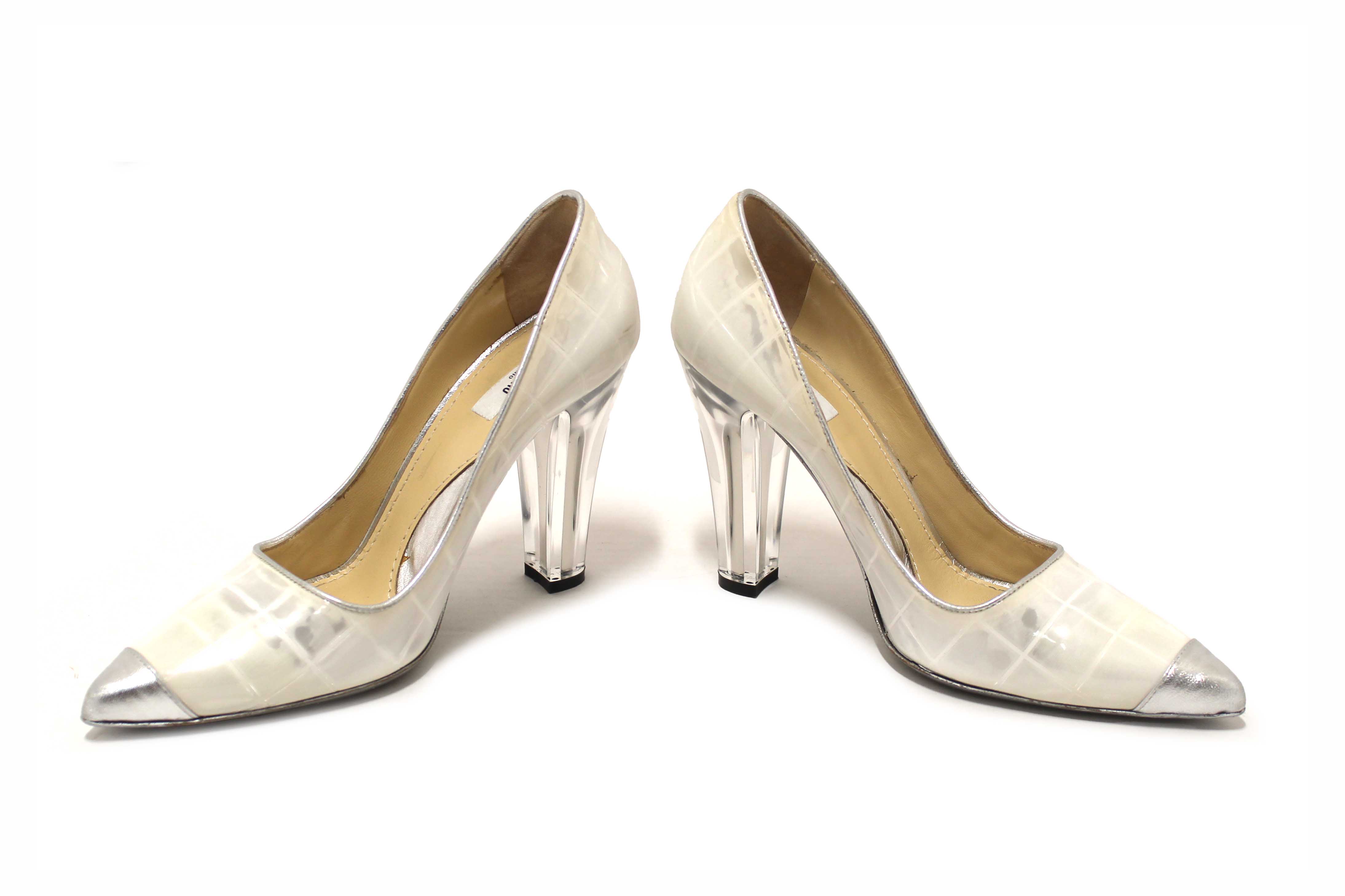 Authentic Moschino Patent White and Silver Leather Metallic Heels Size 37.5