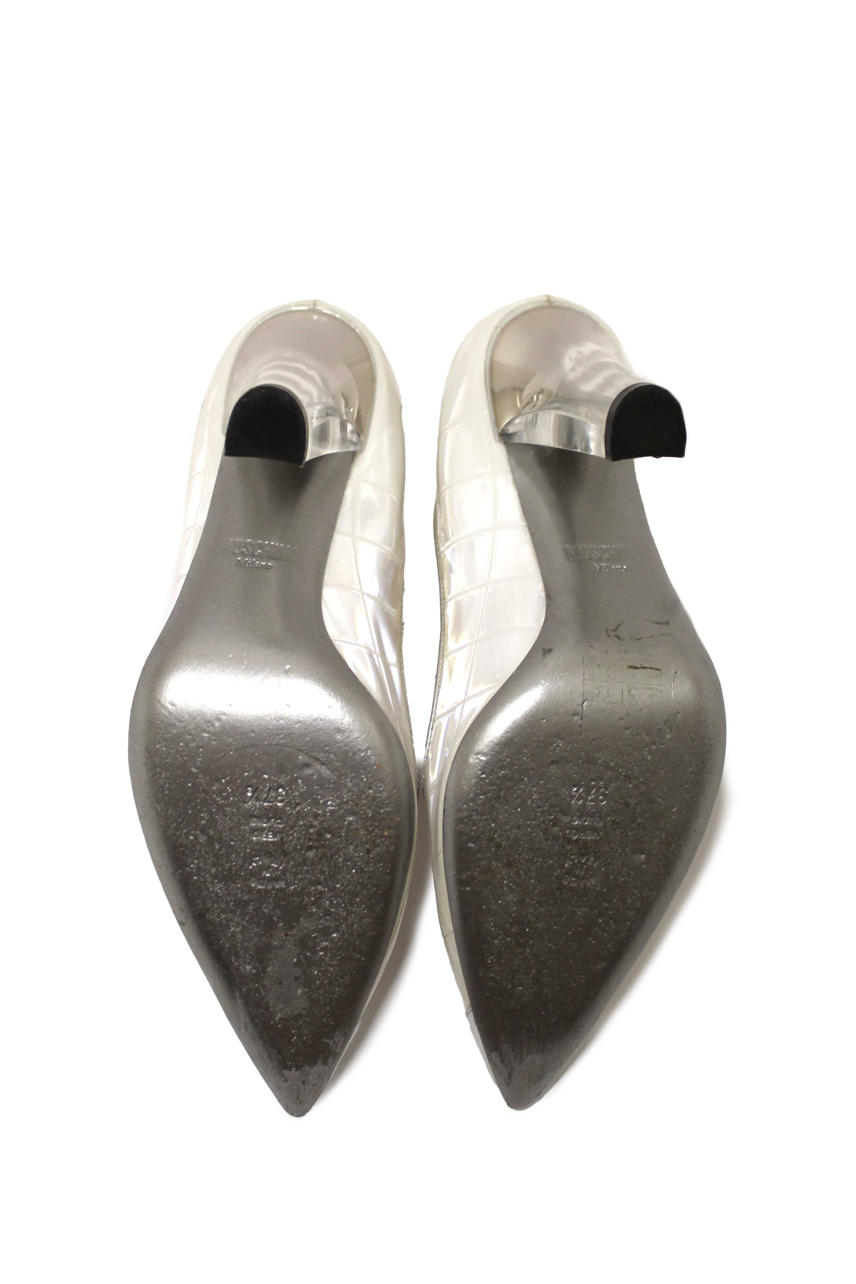 Authentic Moschino Patent White and Silver Leather Metallic Heels Size 37.5