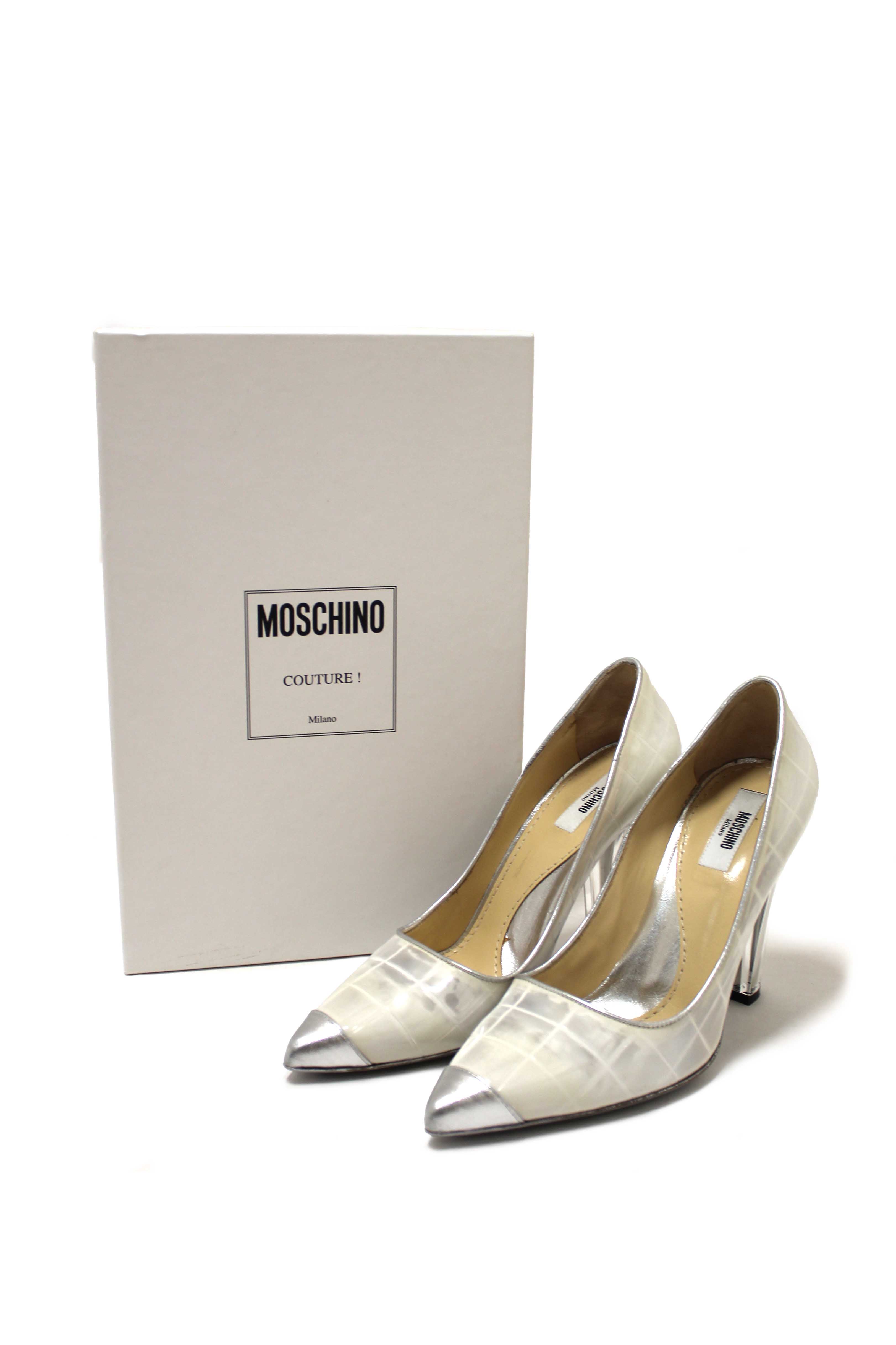 Authentic Moschino Patent White and Silver Leather Metallic Heels Size 37.5