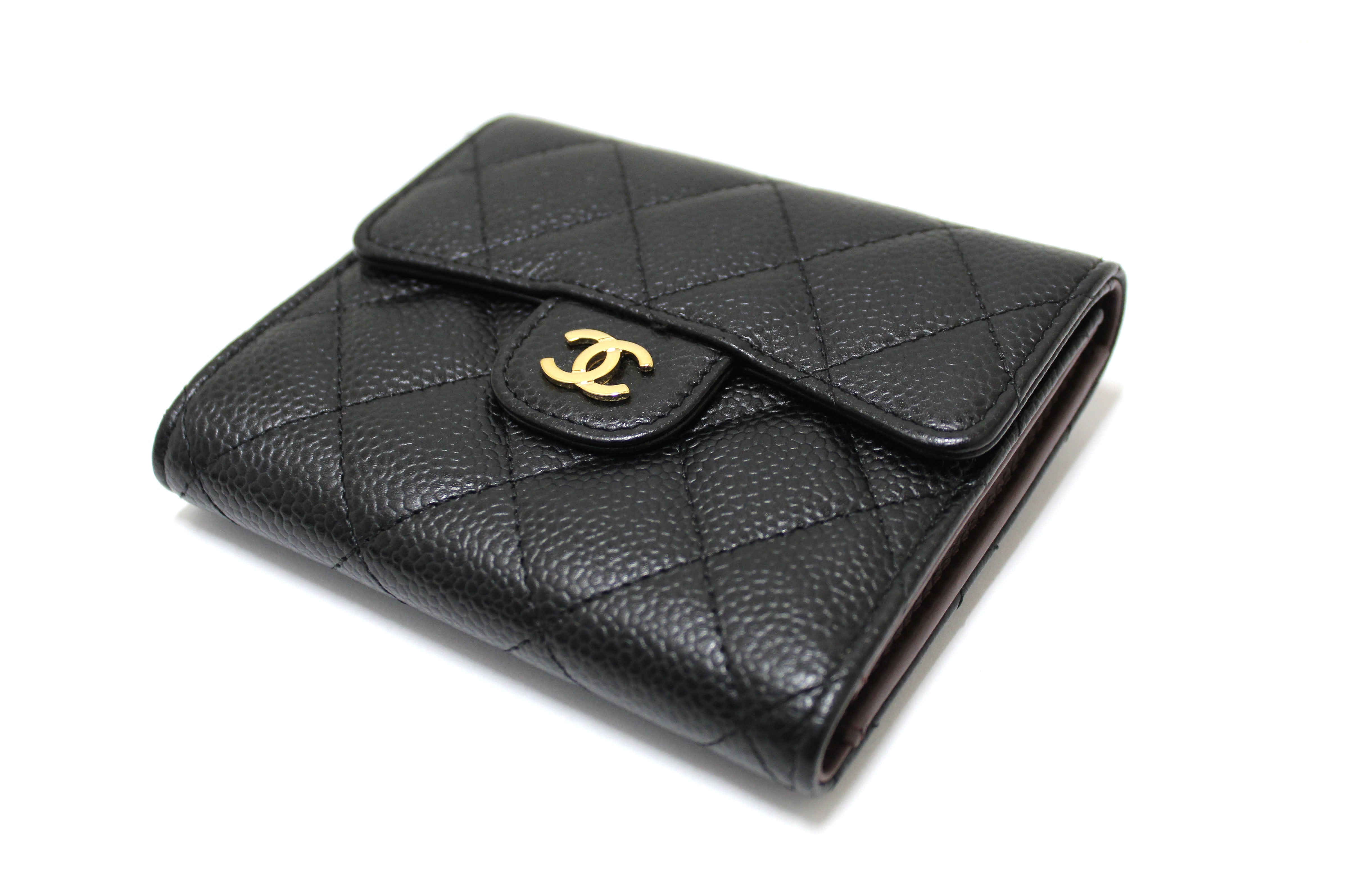 Authentic Chanel Black Quilted Caviar Leather Classic Small Flap Wallet