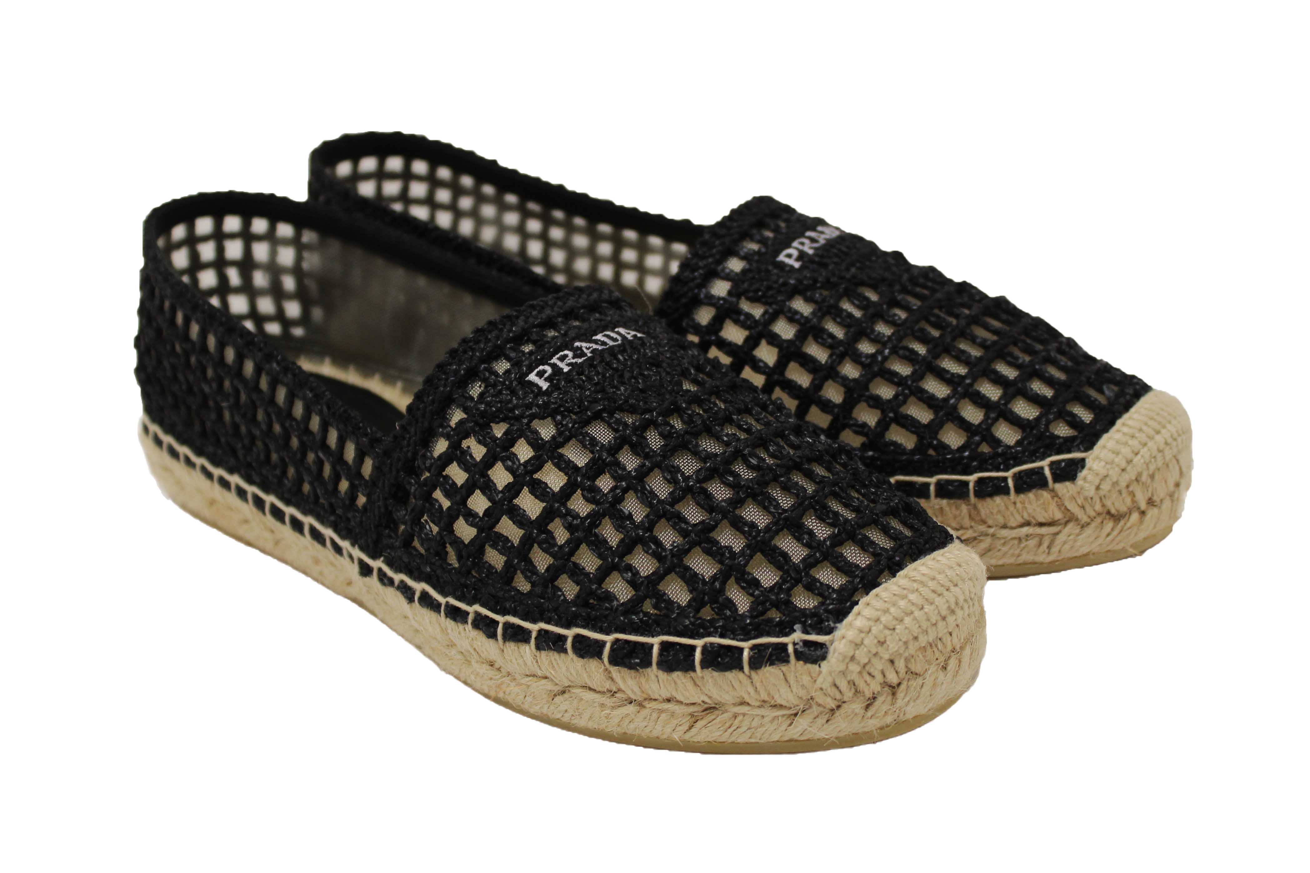 Authentic NEW Prada Black Crochet Espadrilles Shoes Size 38