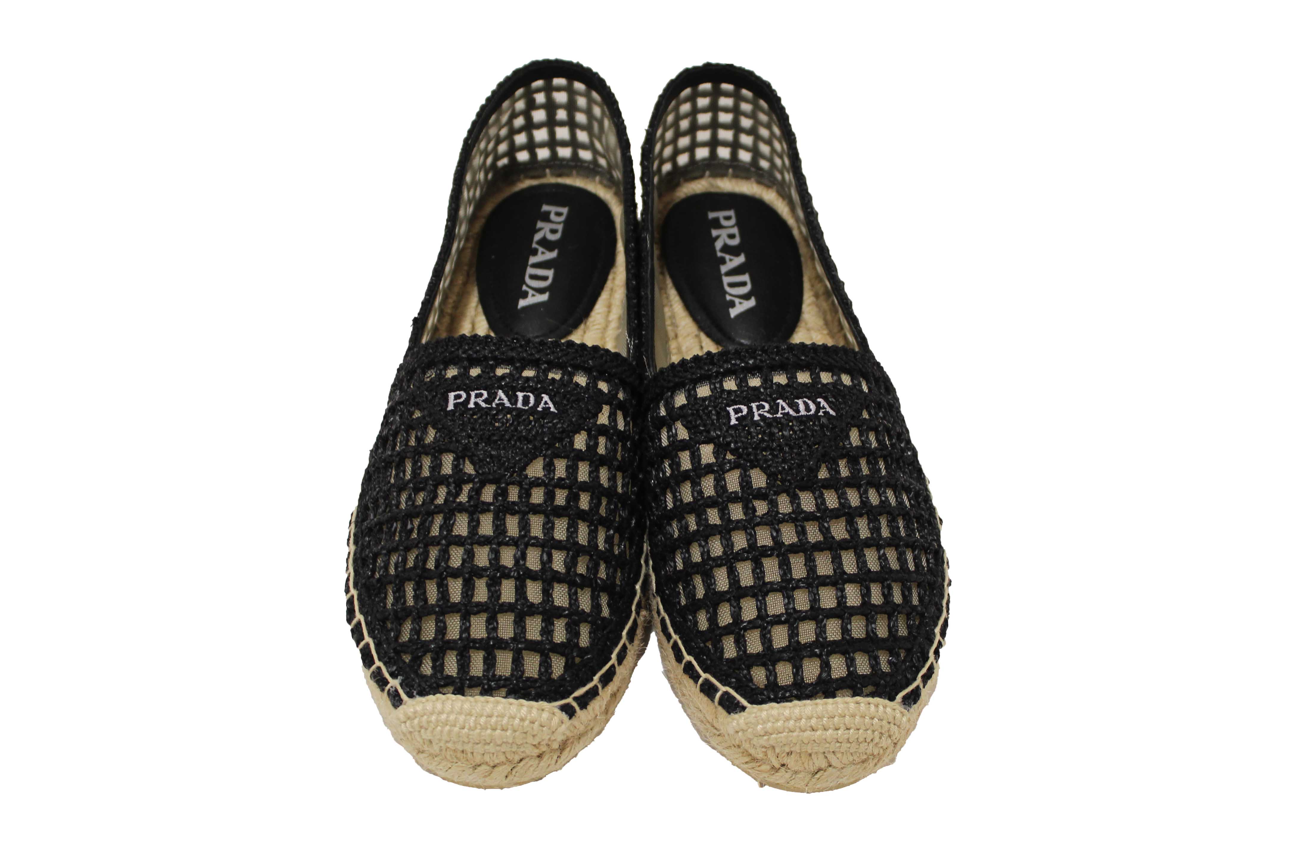 Authentic NEW Prada Black Crochet Espadrilles Shoes Size 38