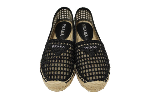 Authentic NEW Prada Black Crochet Espadrilles Shoes Size 38