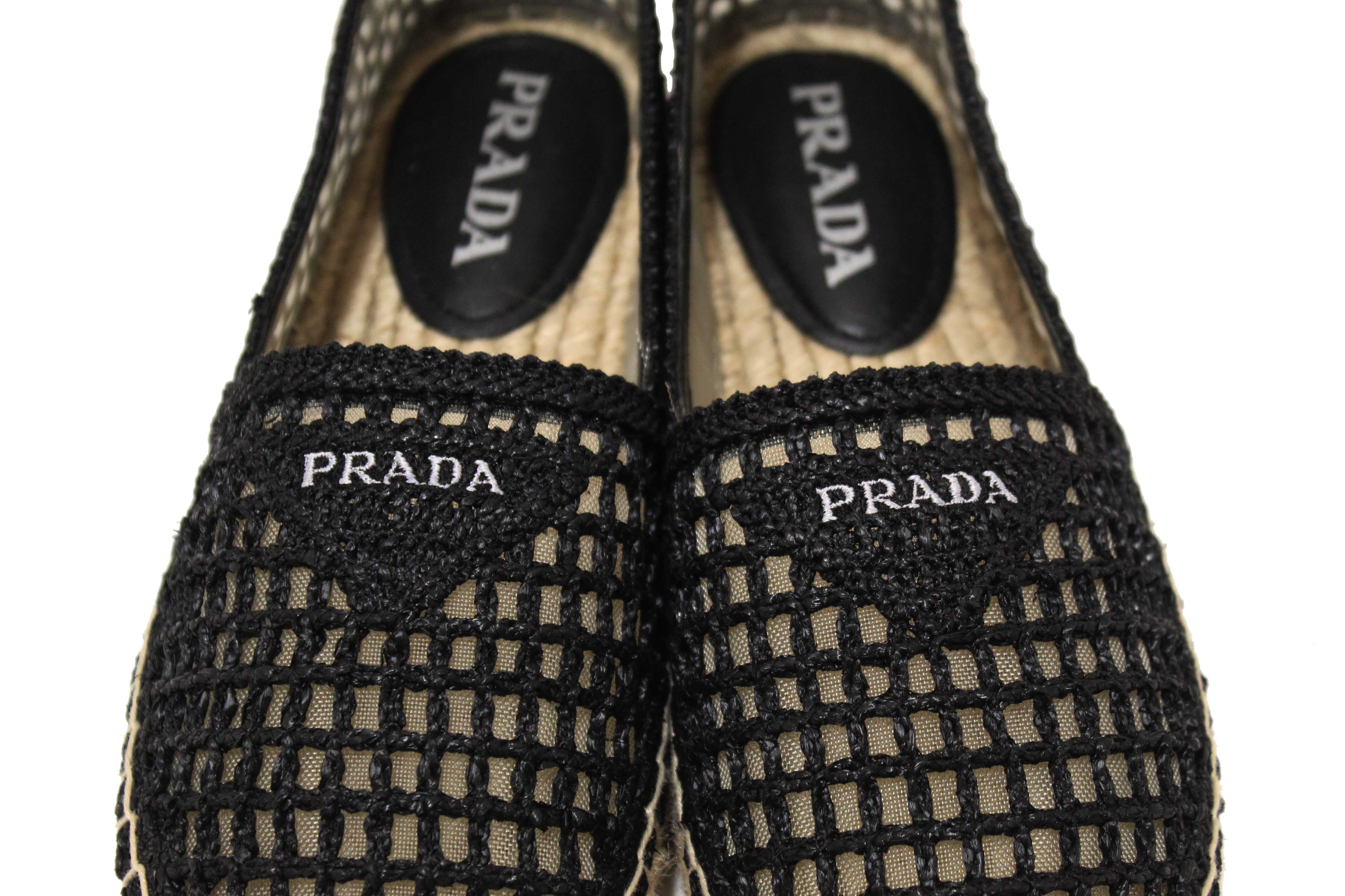 Authentic NEW Prada Black Crochet Espadrilles Shoes Size 38