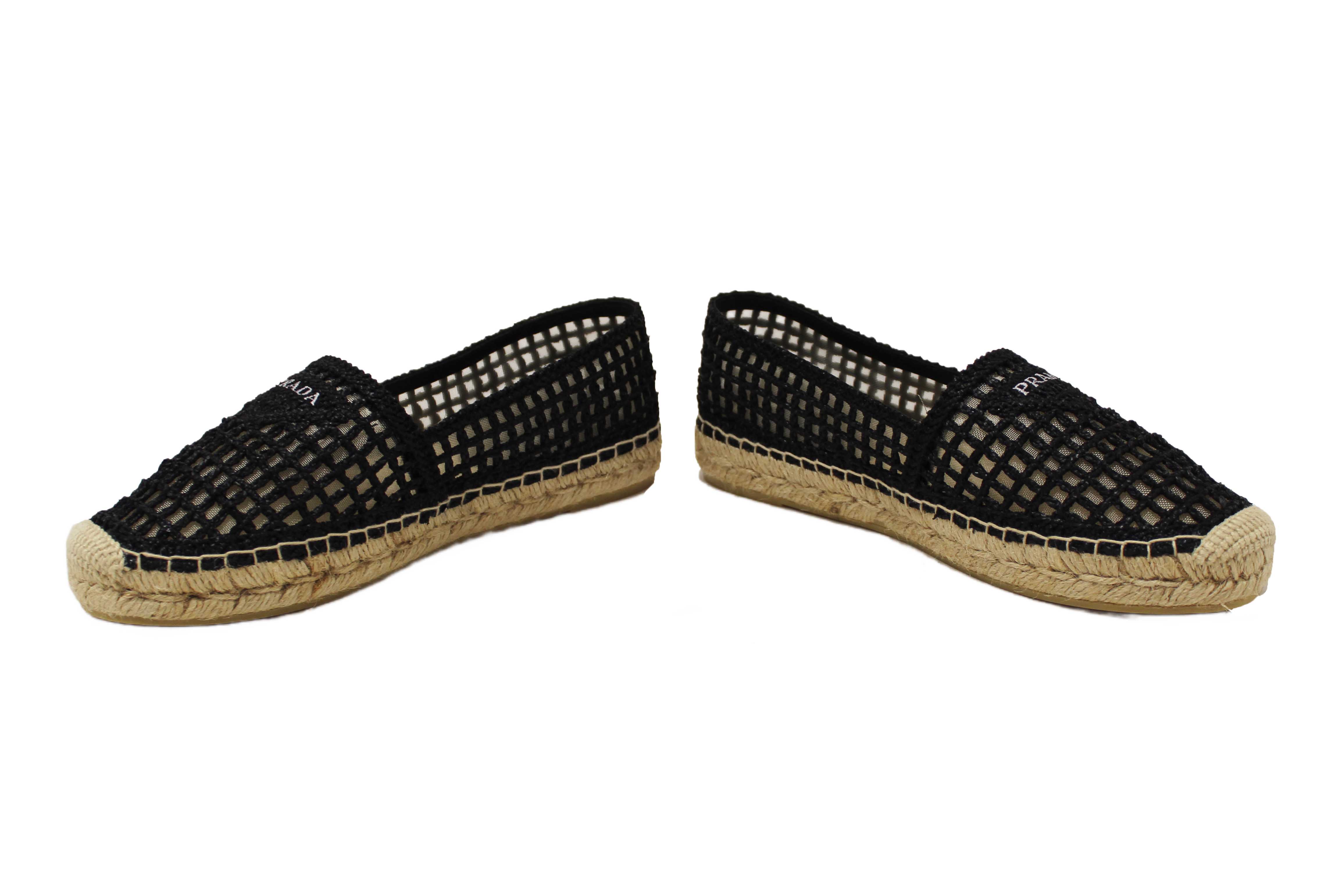 Authentic NEW Prada Black Crochet Espadrilles Shoes Size 38