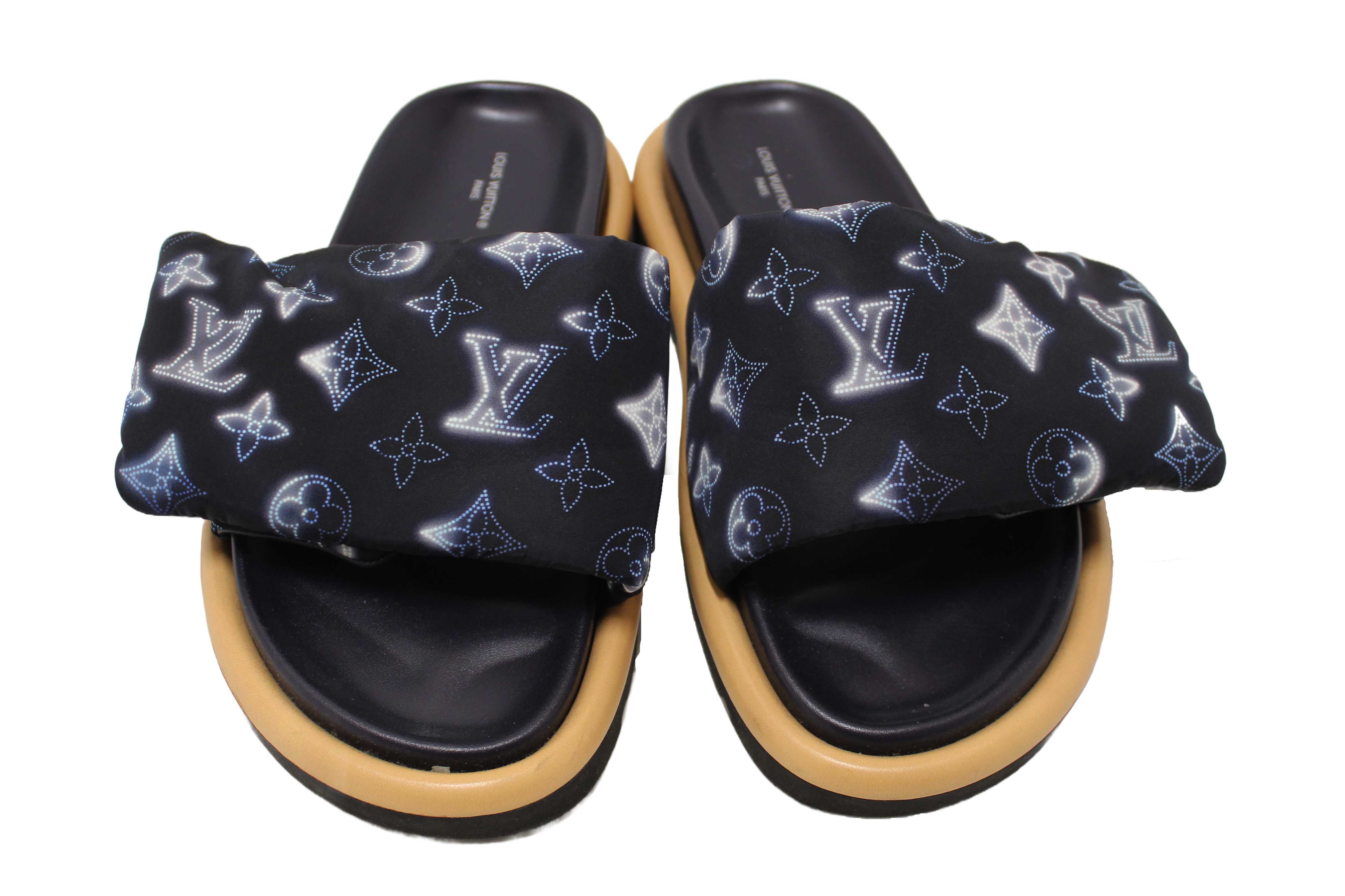Authentic Louis Vuitton Navy Blue Nylon Monogram Womens Pool Pillow Comfort Mules Size 38