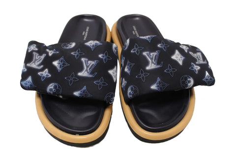 Authentic Louis Vuitton Navy Blue Nylon Monogram Womens Pool Pillow Comfort Mules Size 38