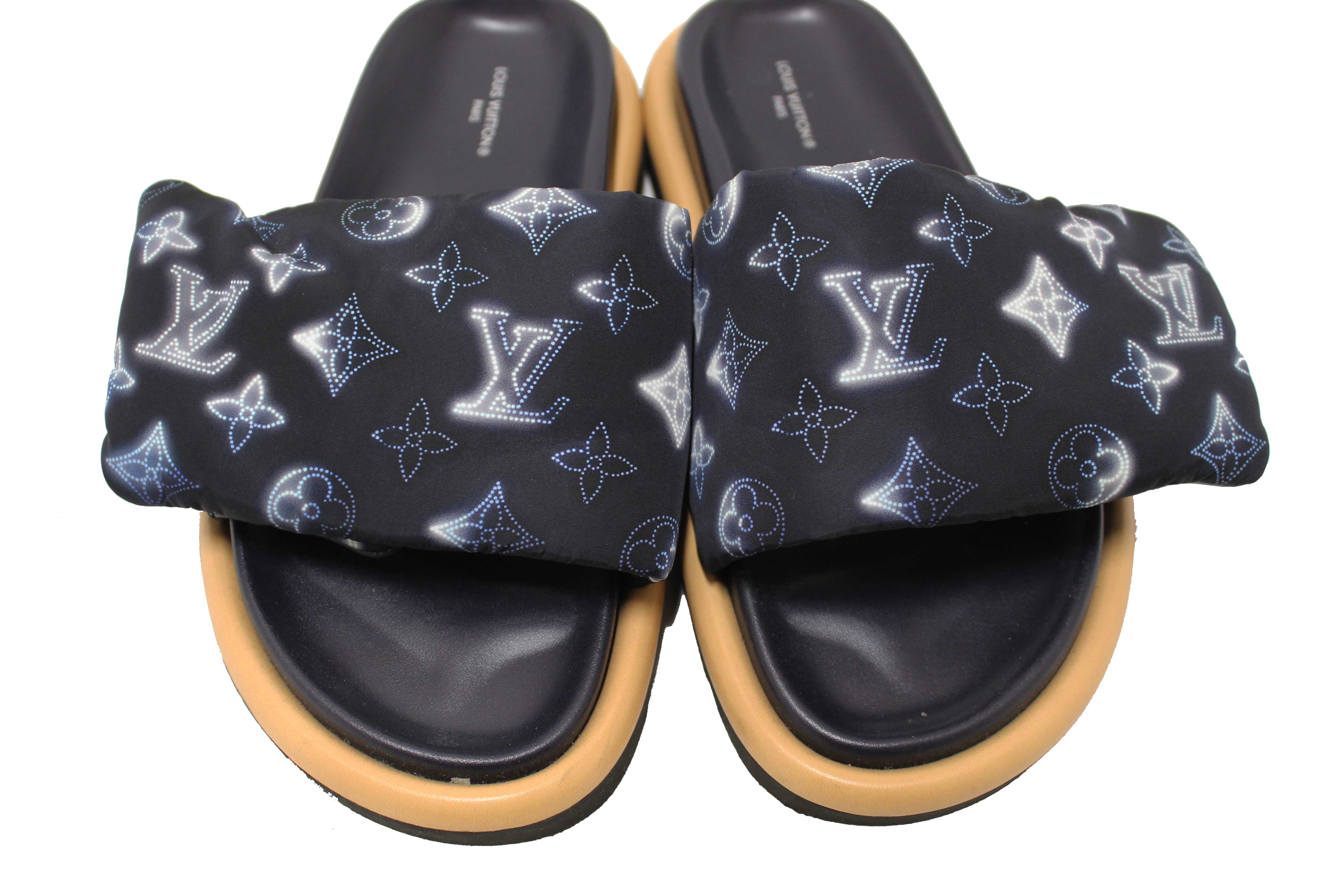 Authentic Louis Vuitton Navy Blue Nylon Monogram Womens Pool Pillow Comfort Mules Size 38