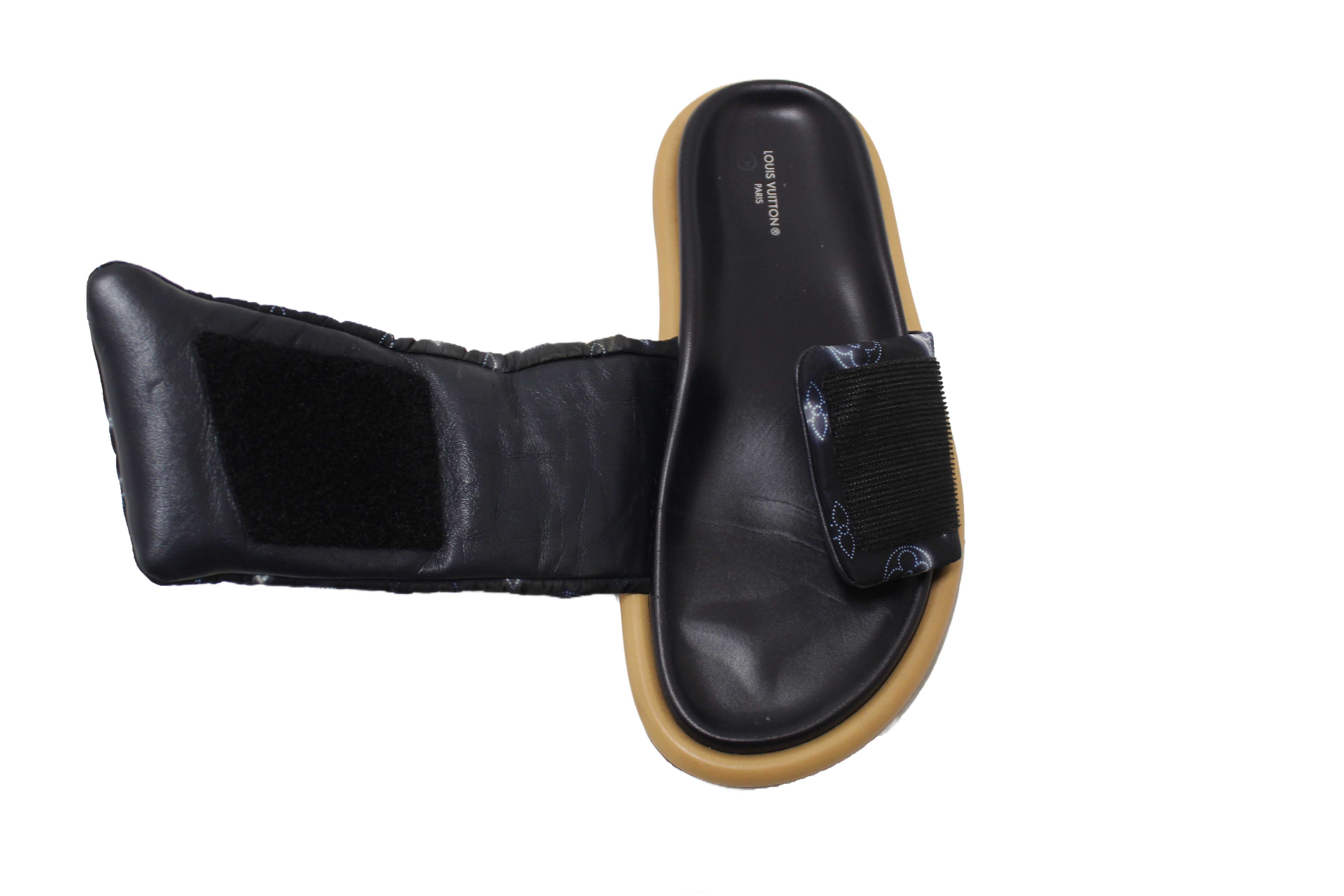 Authentic Louis Vuitton Navy Blue Nylon Monogram Womens Pool Pillow Comfort Mules Size 38
