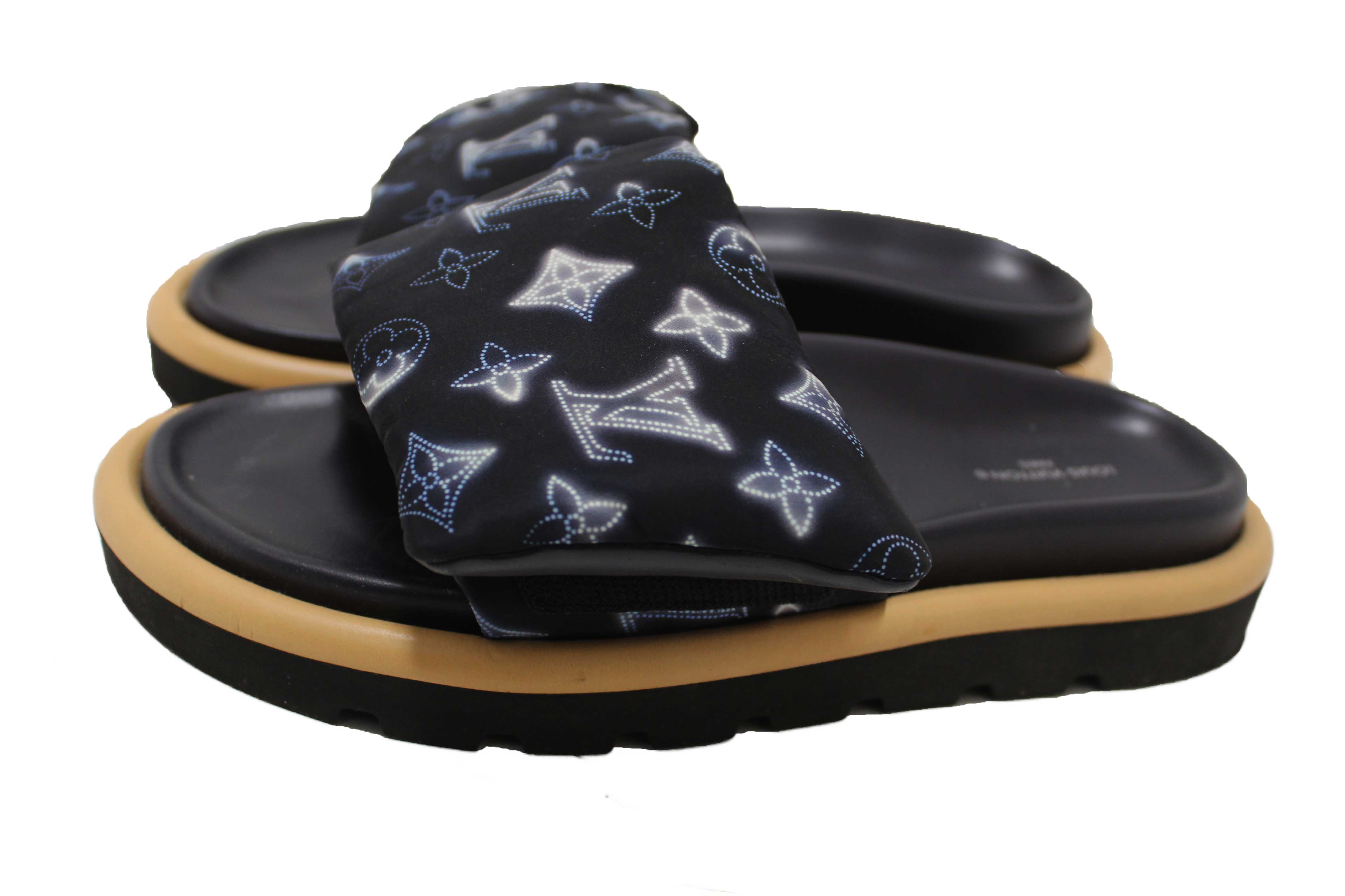 Authentic Louis Vuitton Navy Blue Nylon Monogram Womens Pool Pillow Comfort Mules Size 38