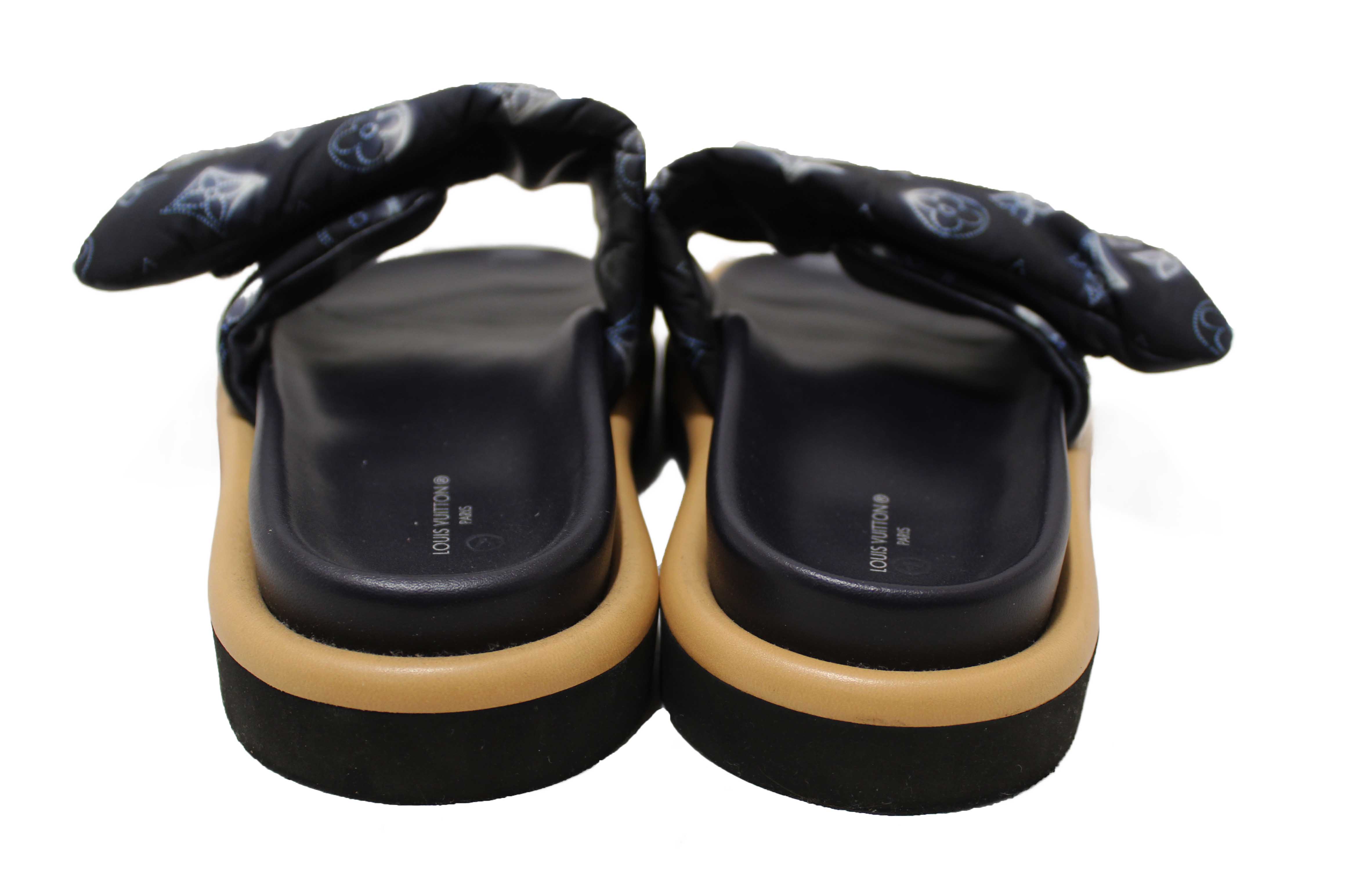 Authentic Louis Vuitton Navy Blue Nylon Monogram Womens Pool Pillow Comfort Mules Size 38