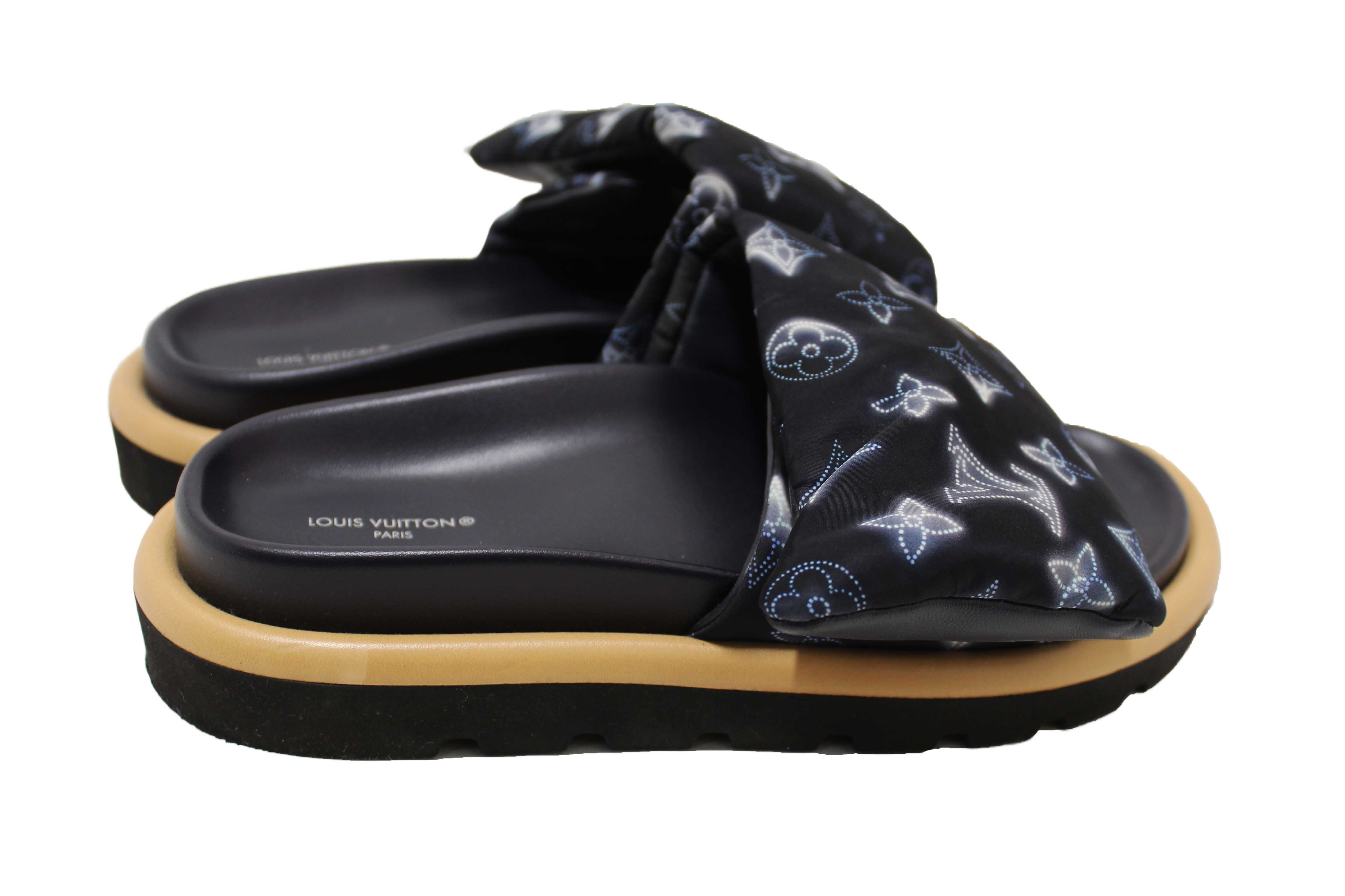 Authentic Louis Vuitton Navy Blue Nylon Monogram Womens Pool Pillow Comfort Mules Size 38