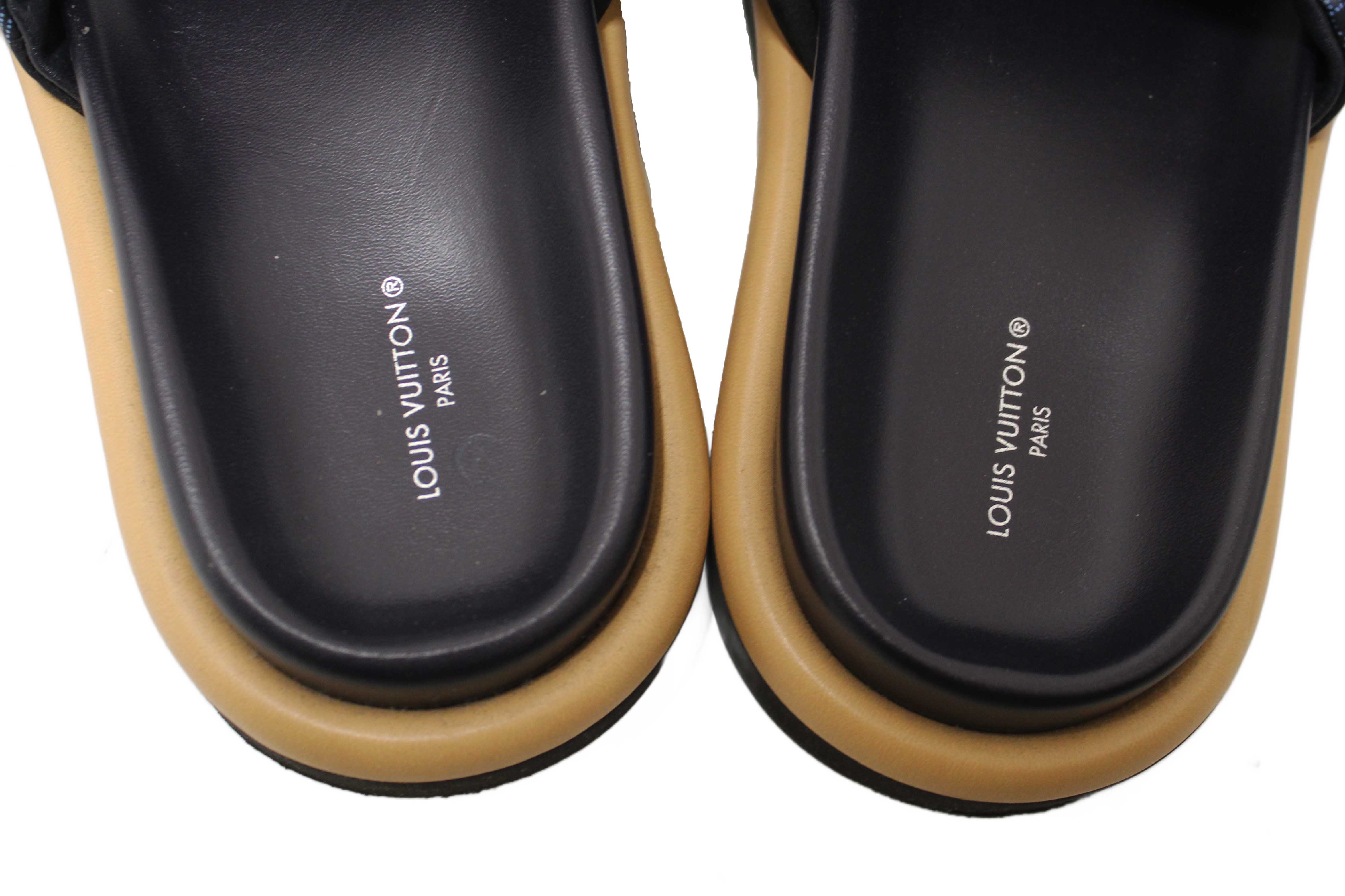 Authentic Louis Vuitton Navy Blue Nylon Monogram Womens Pool Pillow Comfort Mules Size 38