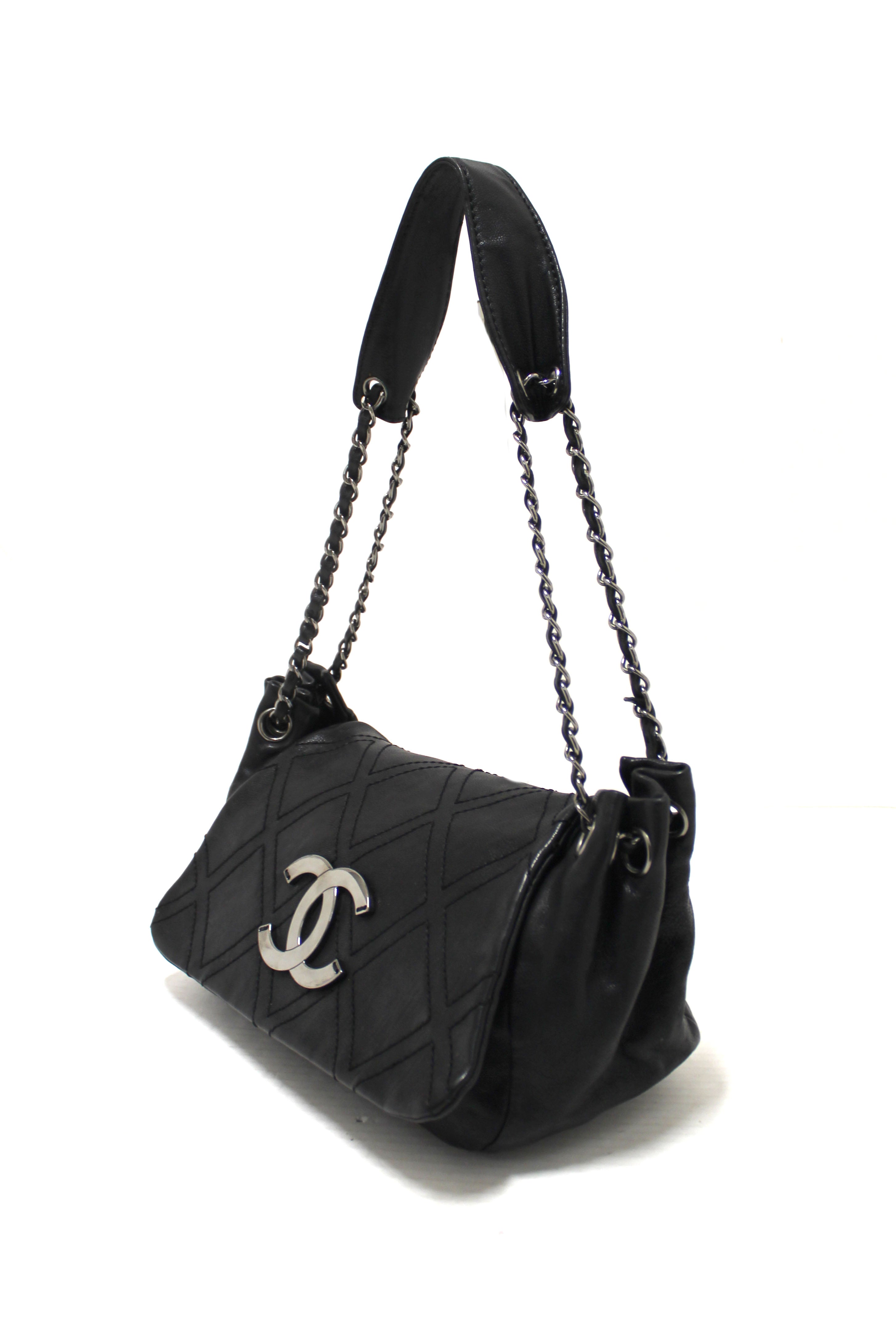 Authentic Chanel Black Diamond Stitch Accordion Flap Shoulder Bag