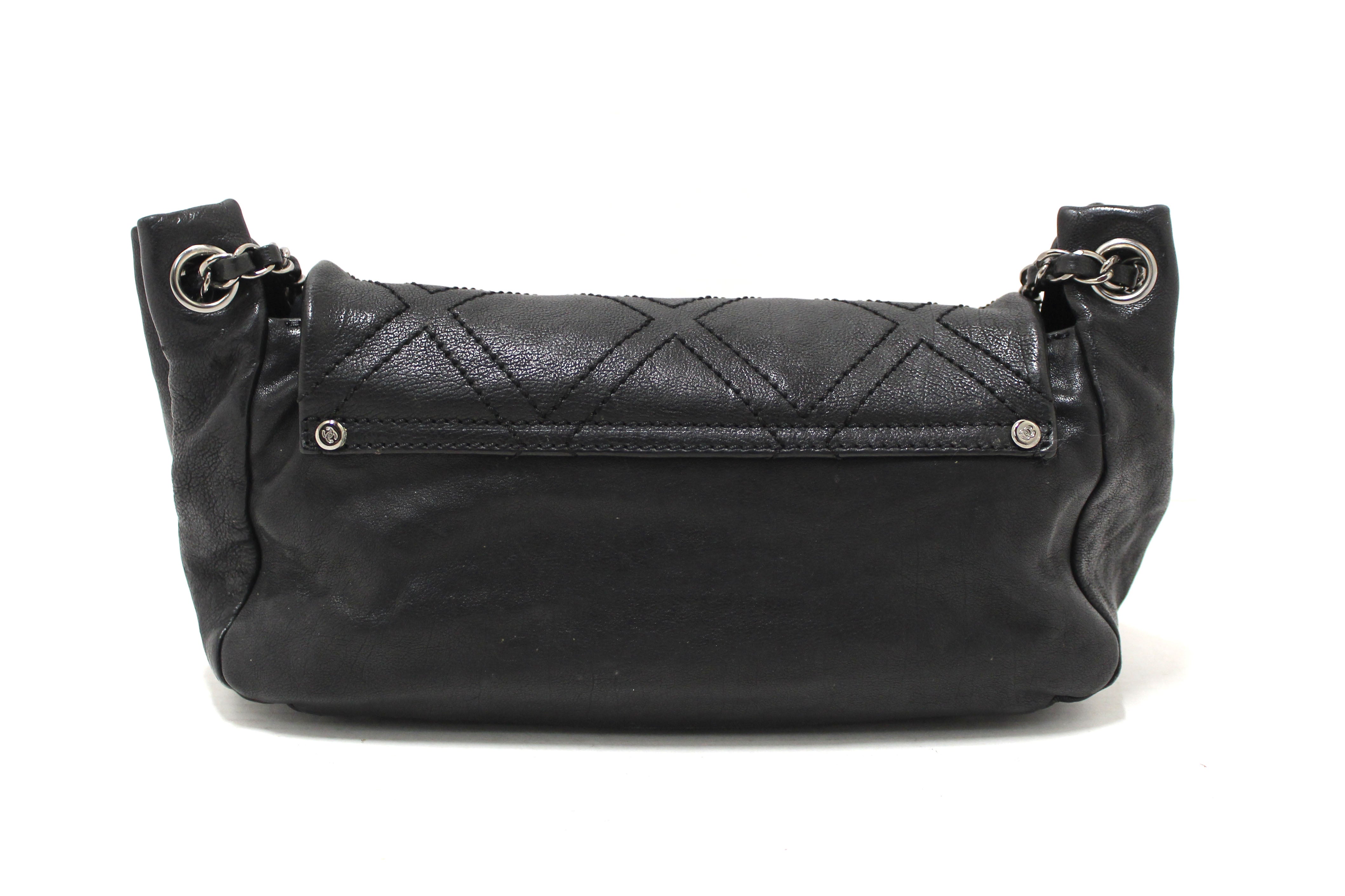 Authentic Chanel Black Diamond Stitch Accordion Flap Shoulder Bag