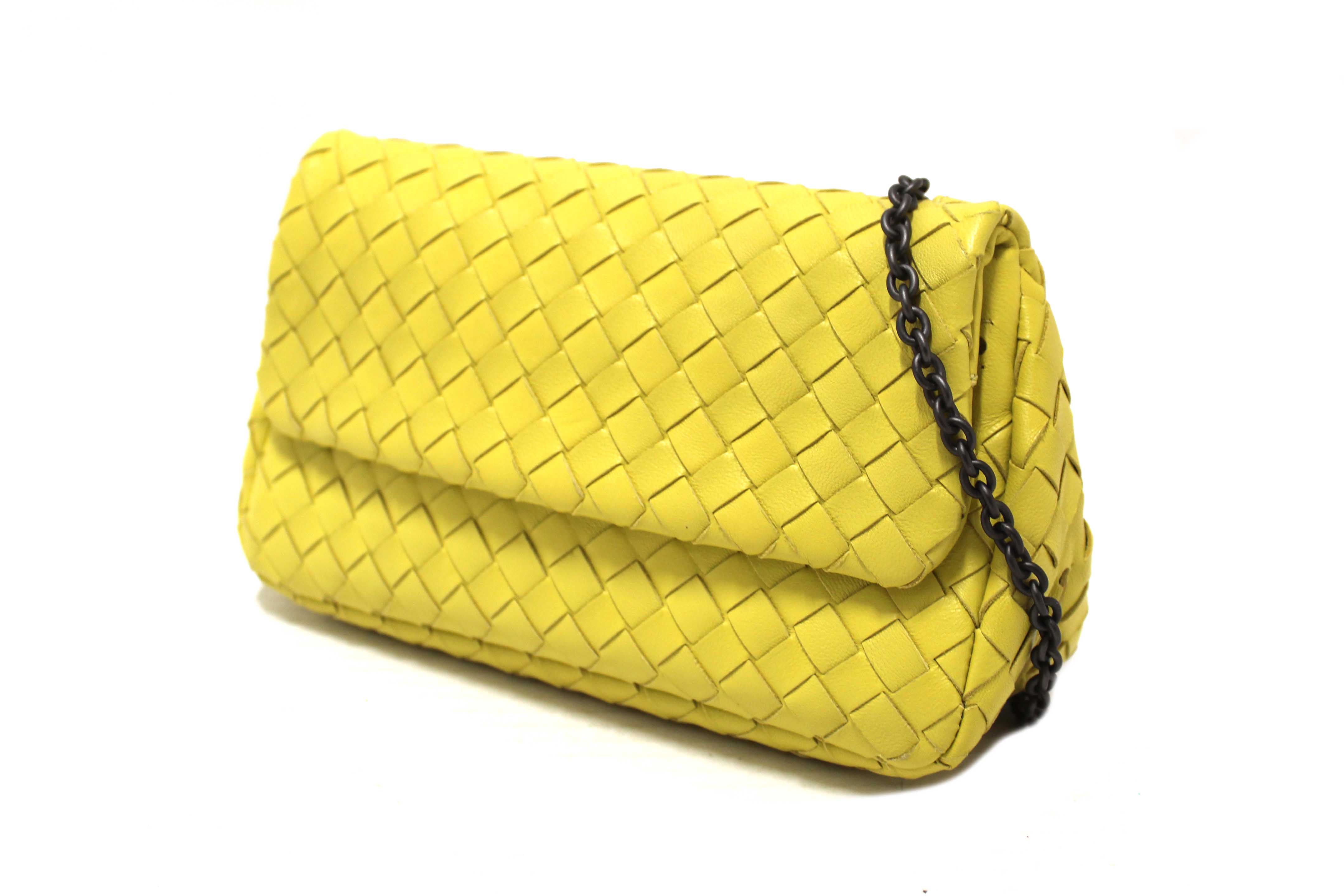Authentic Bottega Veneta Yellow Nappa Intrecciato Leather Small Messenger Bag