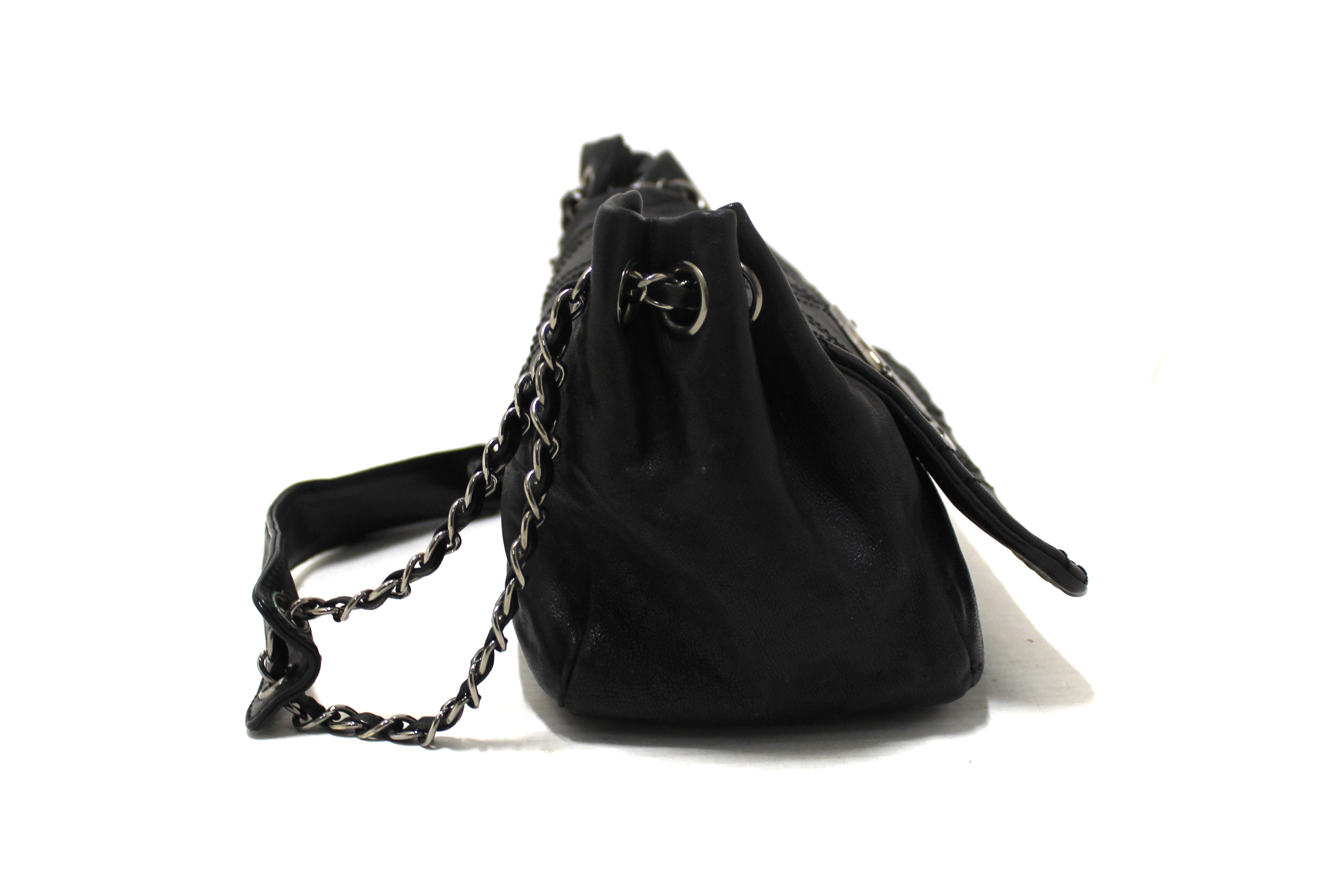 Authentic Chanel Black Diamond Stitch Accordion Flap Shoulder Bag