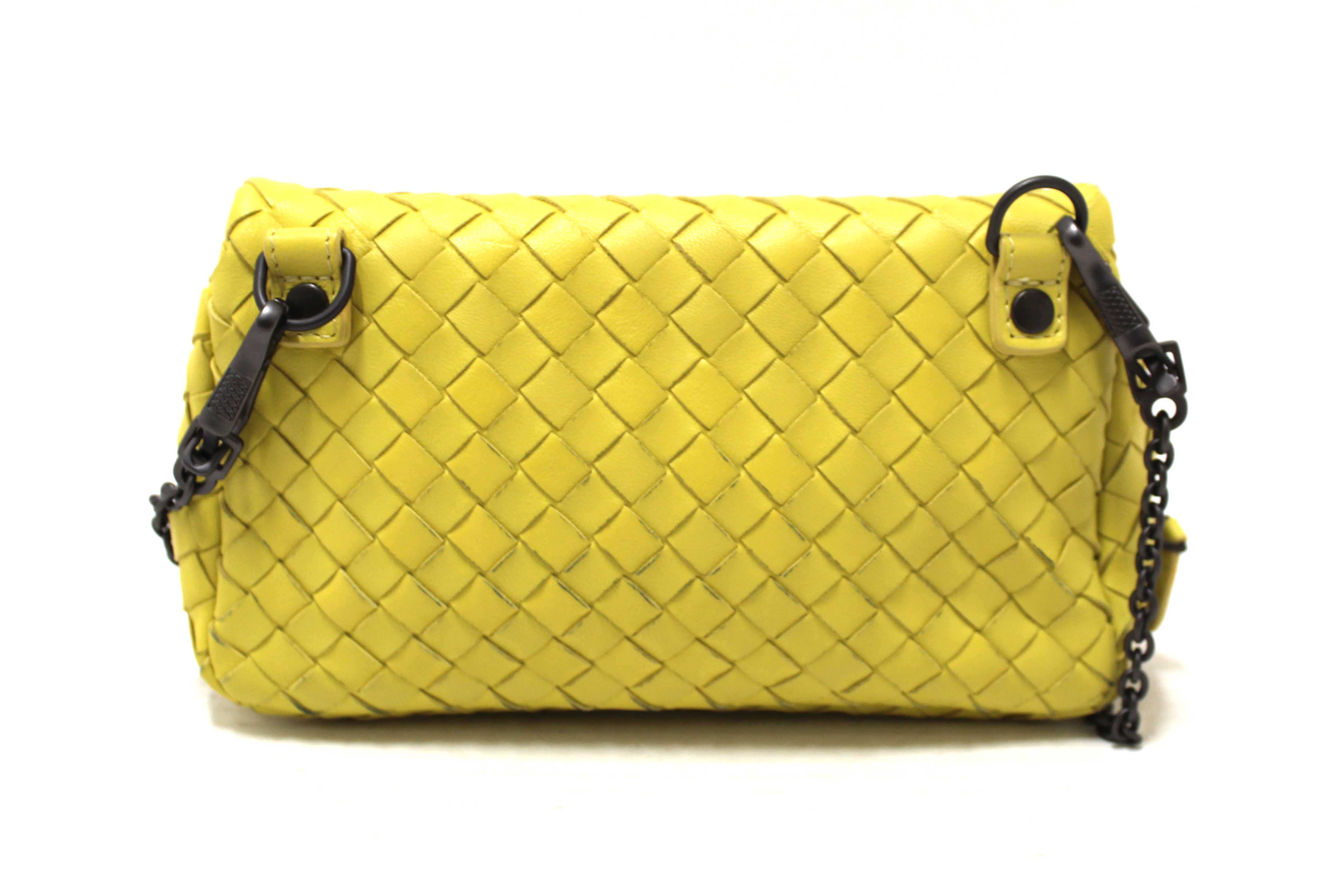 Authentic Bottega Veneta Yellow Nappa Intrecciato Leather Small Messenger Bag