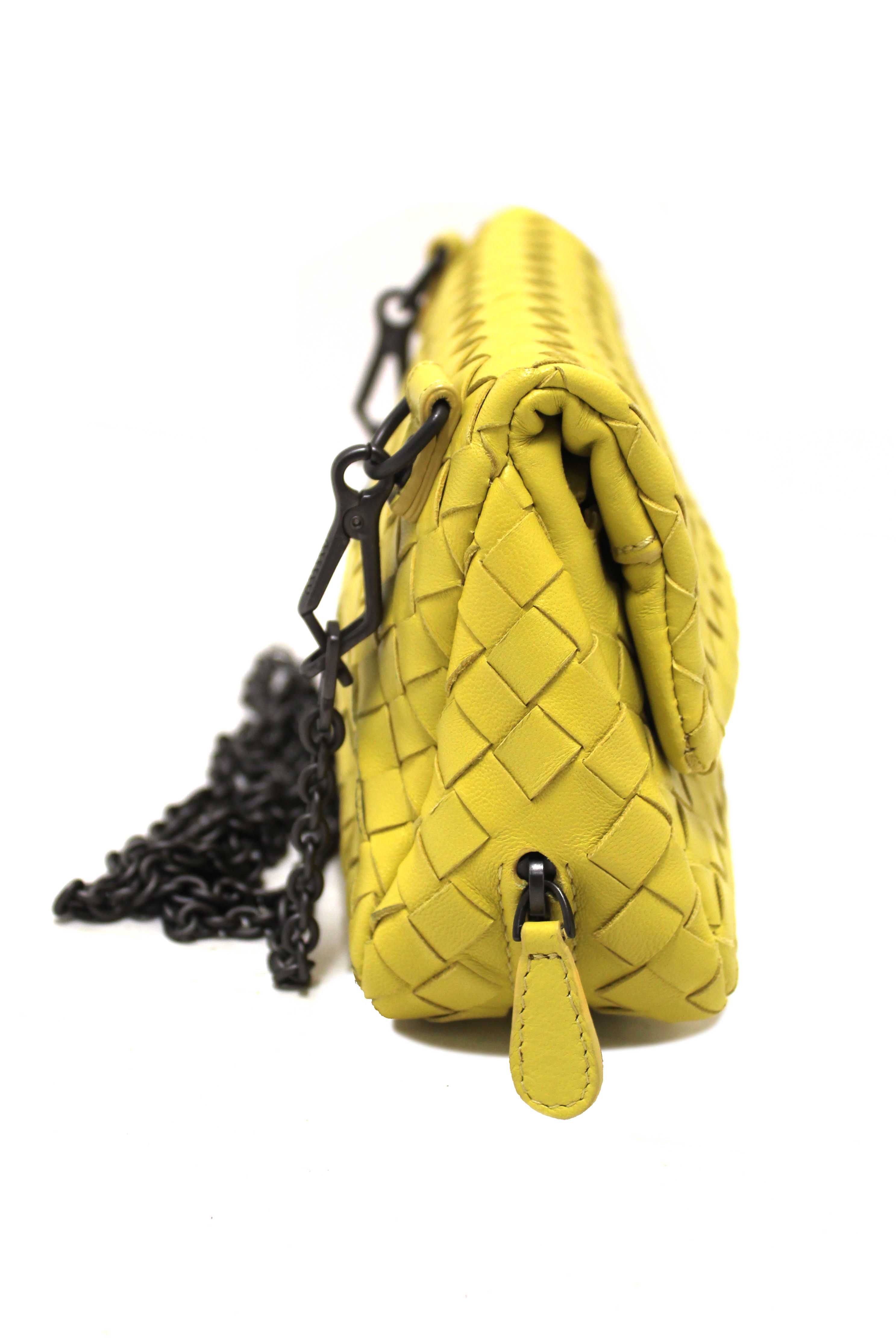 Authentic Bottega Veneta Yellow Nappa Intrecciato Leather Small Messenger Bag
