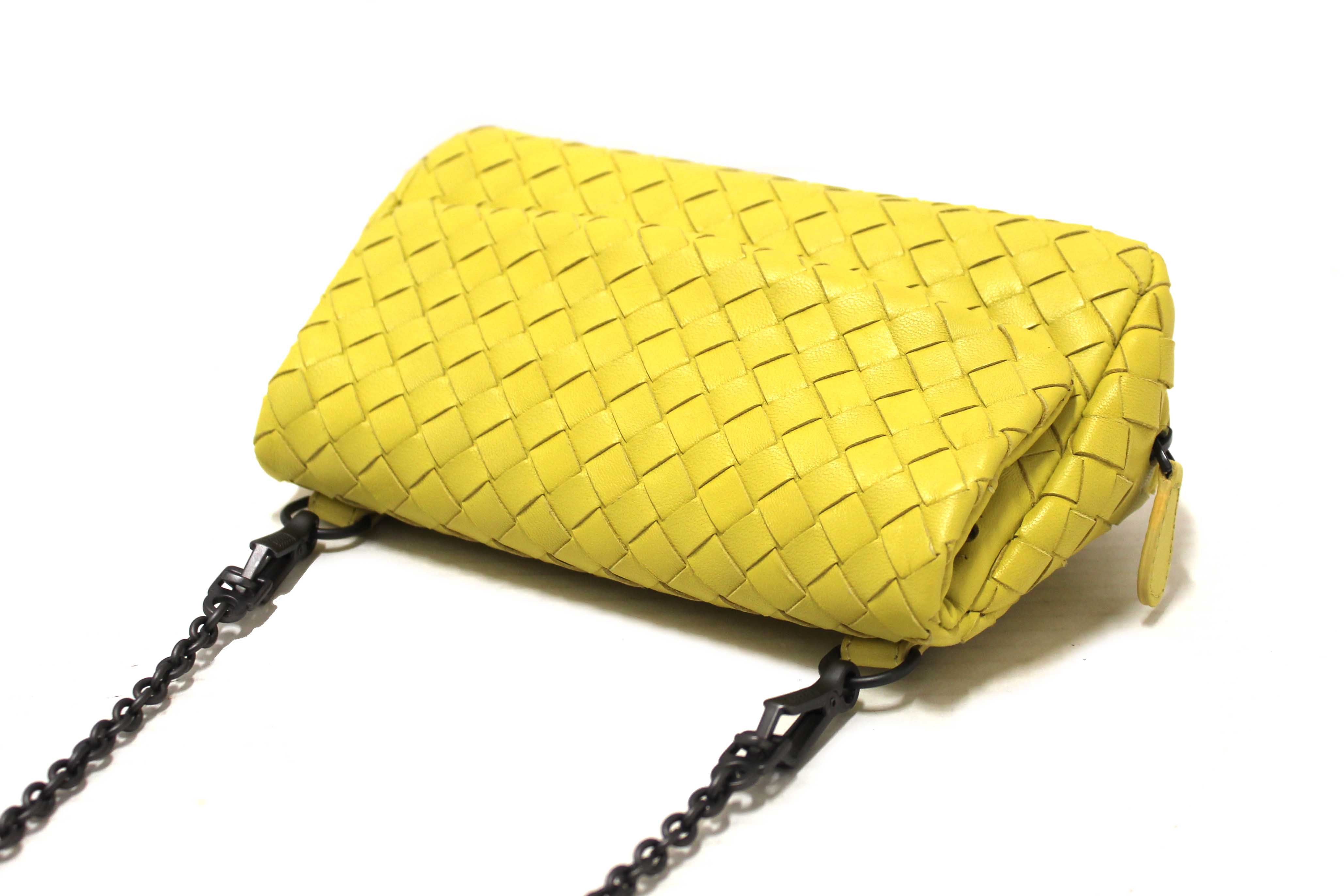 Authentic Bottega Veneta Yellow Nappa Intrecciato Leather Small Messenger Bag