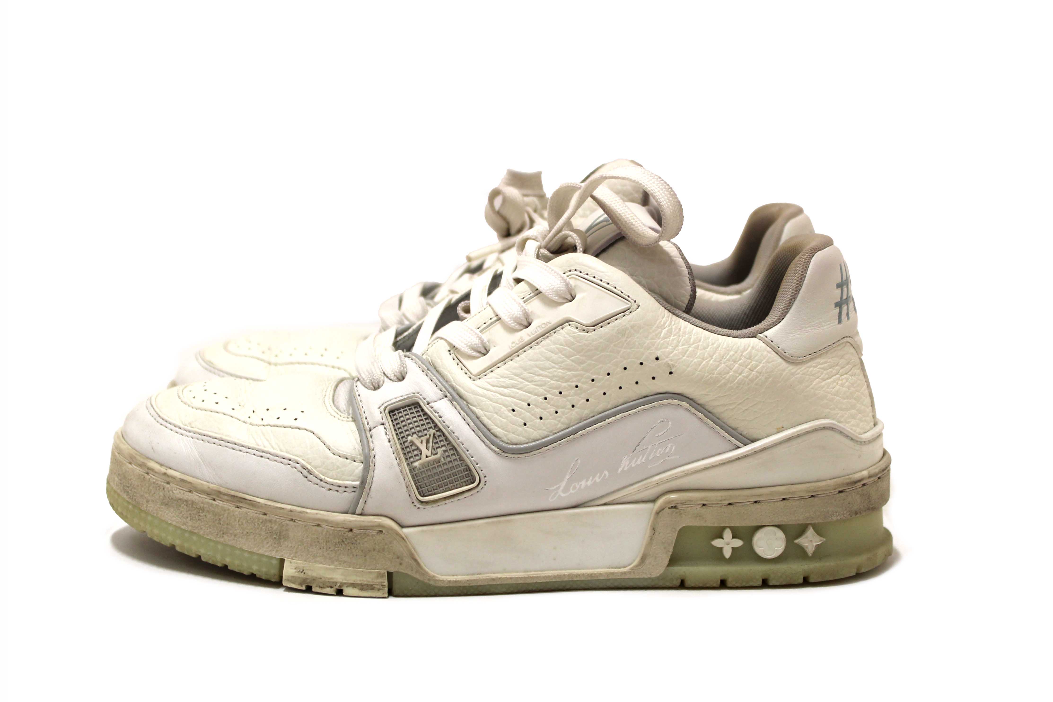 Authentic Louis Vuitton White Calfskin Mens LV Trainer Sneakers 38